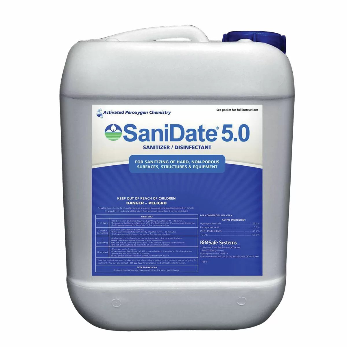 BioSafe Systems SaniDate® 5.0 Disinfectant Cleaner - 2.5 Gallon Concentrate for Commercial & Home Use - Kills 99.9% of Germs - Ideal for Food Service, Healthcare & Sanitizing Surfaces