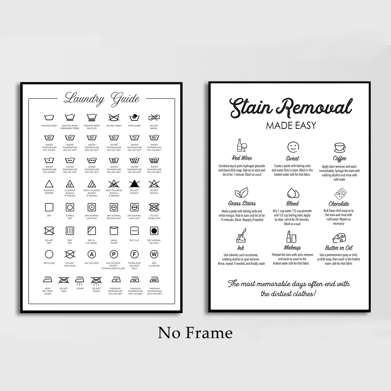 Modern Laundry Room Wall Art - Minimalist Black & White Laundry Care Guide Poster with Stain Removal Symbols (16x24 Inches, Set of 2, Unframed) - Perfect for Laundry Room Decor, Home Organization & Gift Ideas