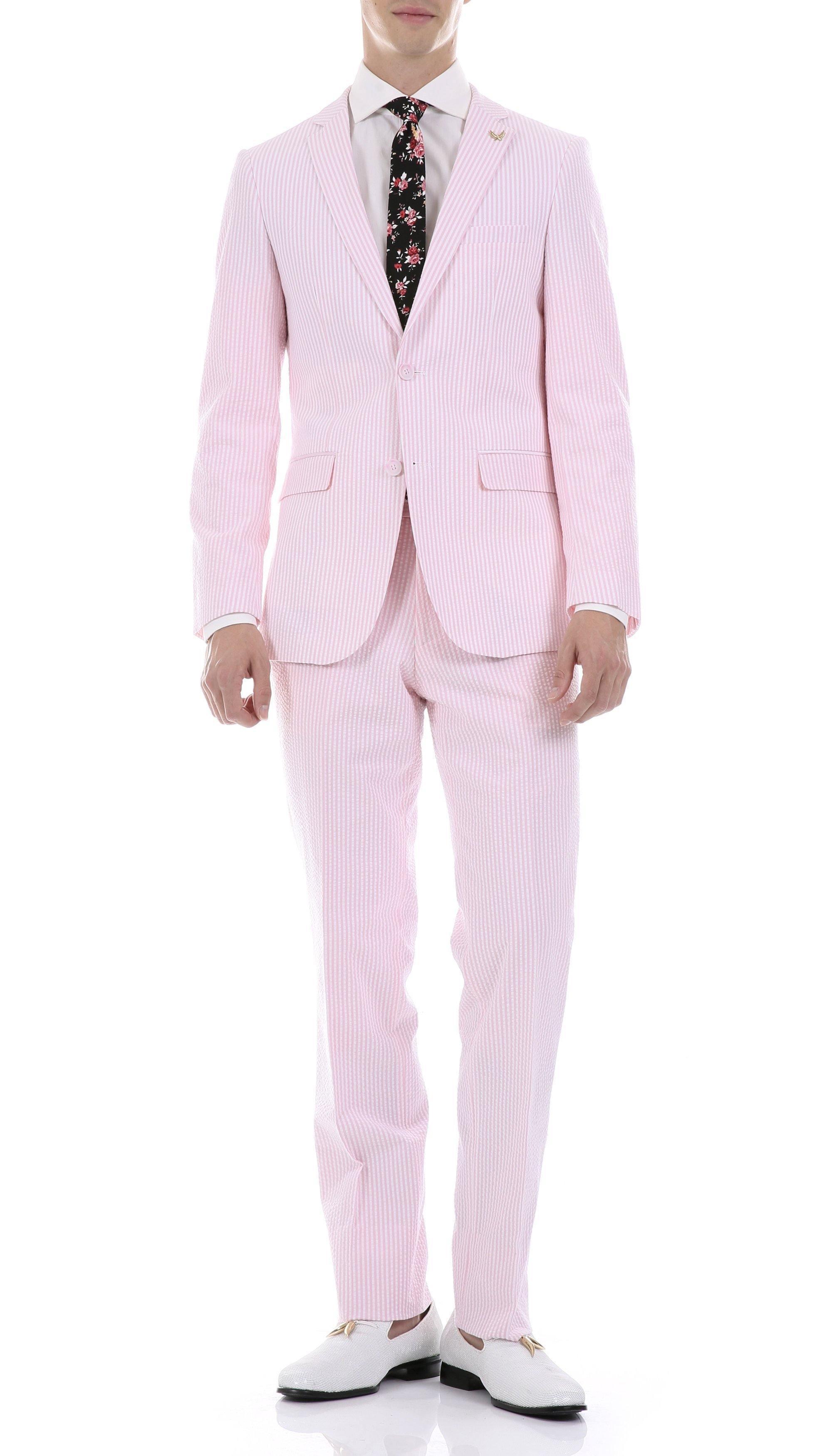 Men's 2-Piece Summer Seersucker Slim Fit Suit - Pink Pinstripe | Lightweight Breathable Formal Wear for Weddings, Parties & Business Meetings