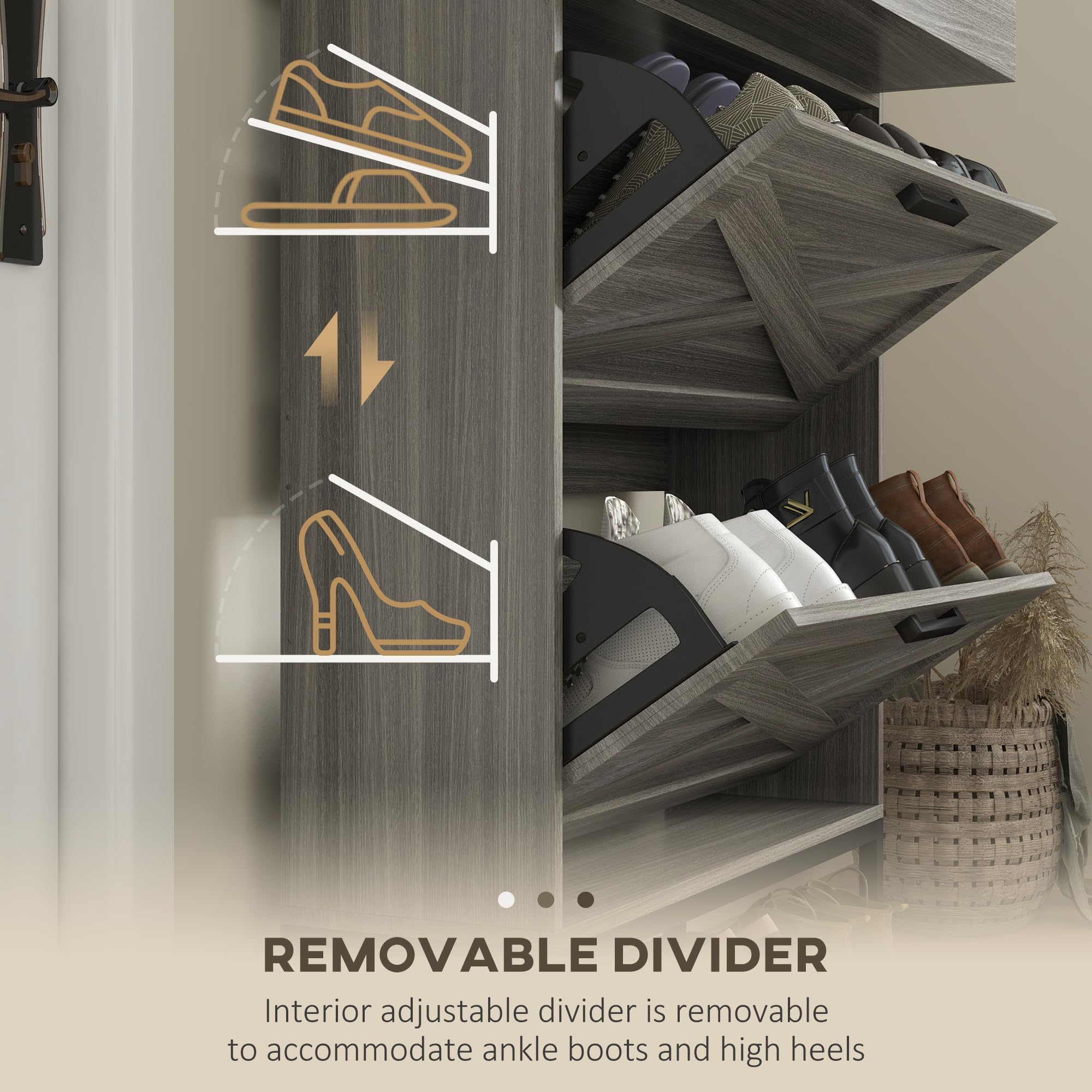 HOMCOM 12-Pair Narrow Shoe Storage Cabinet with Adjustable Shelves & 2 Flip Drawers - Farmhouse Entryway Shoe Organizer with Top Drawer, Distressed Gray for Hallway, Closet & Mudroom Organization