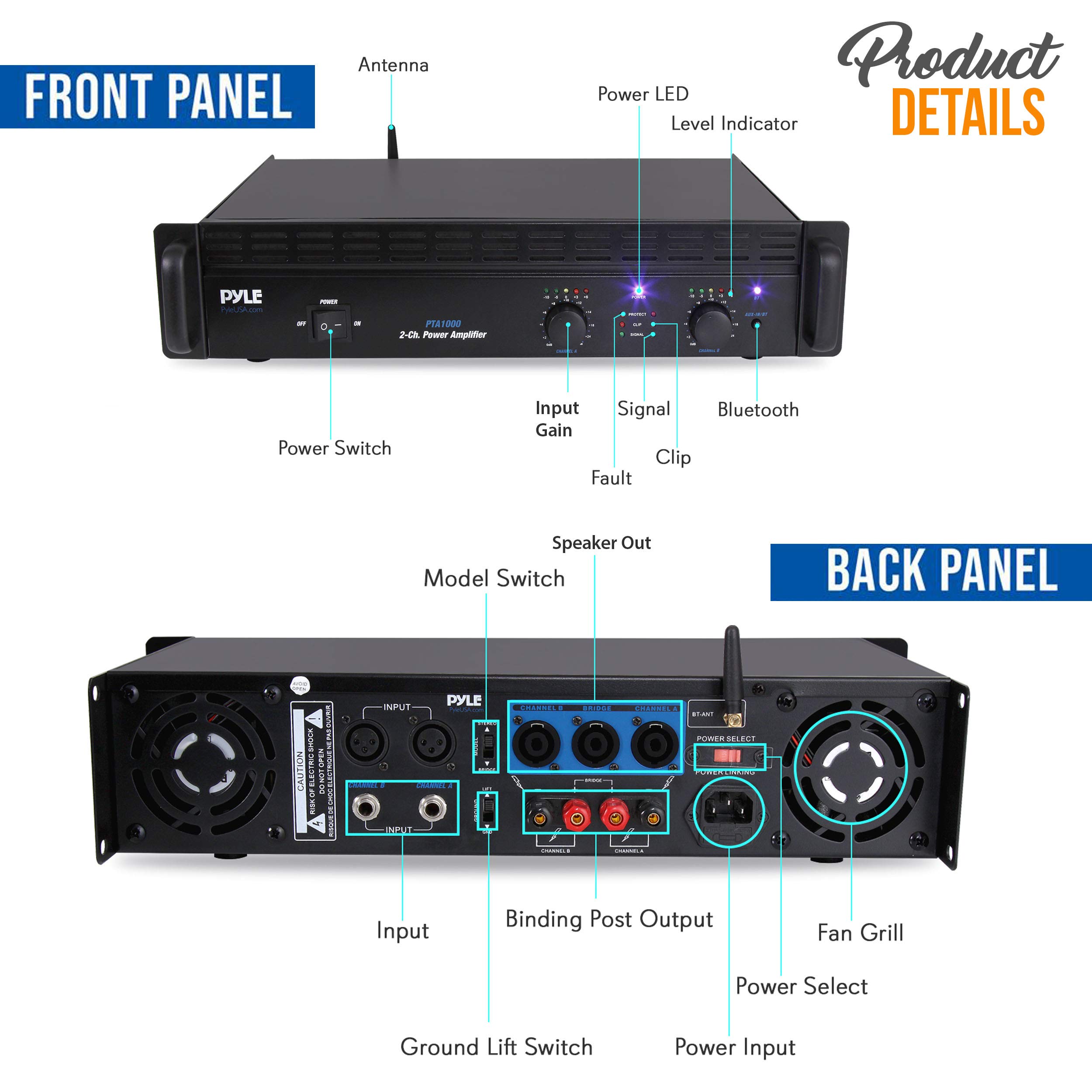 Pyle PTA1000 Professional 1000W 2-Channel Bluetooth Power Amplifier - Rack Mount, Bridgeable, LED Indicators, Shockproof Binding Posts & Cooling Fans - Perfect for DJ Gigs, Live Performances & Home Theater Systems