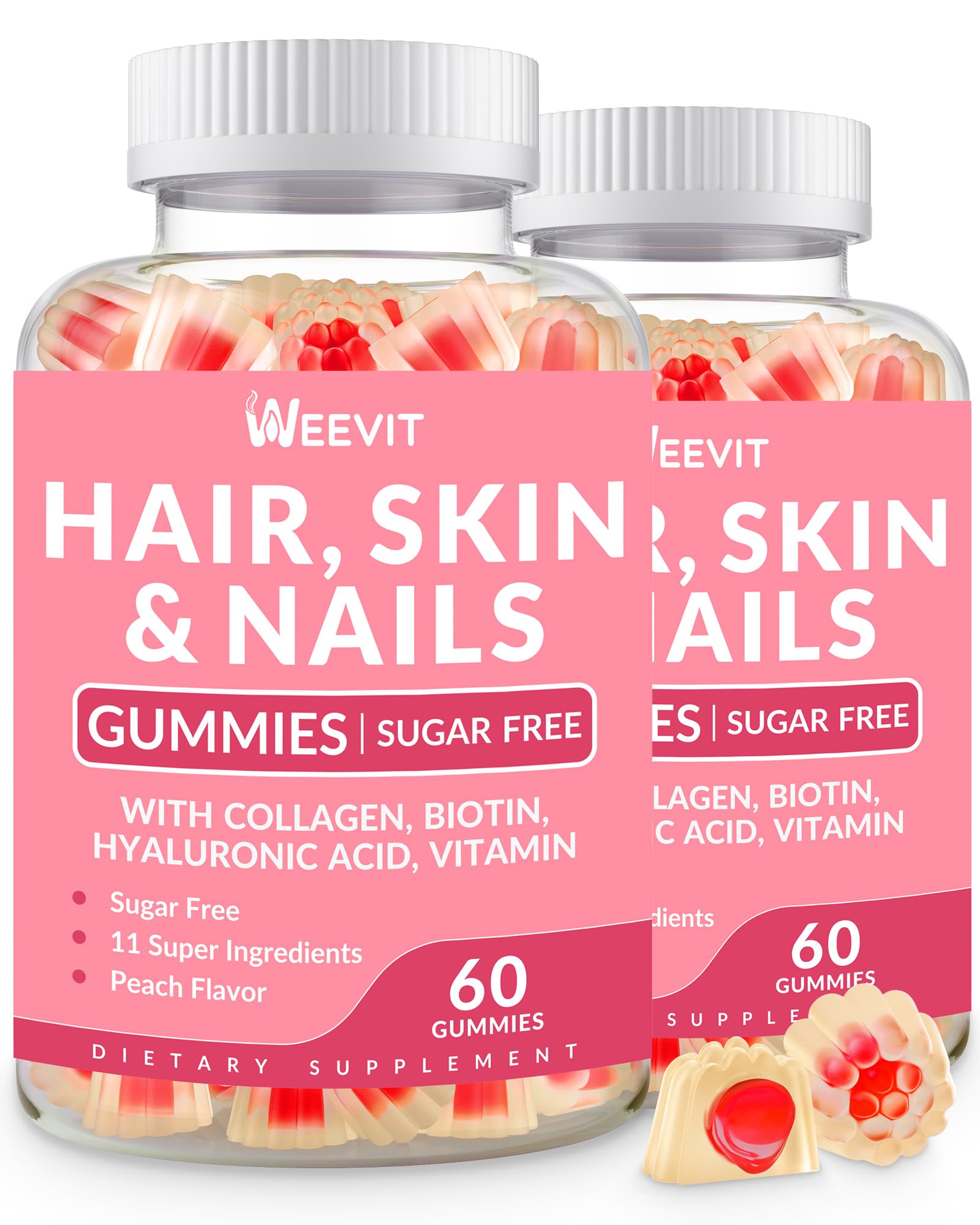 Sugar Free Hair Skin & Nails Vitamins Gummies for Women - Biotin, Hyaluronic Acid, Collagen, Vitamin E&C Supplement for Hair Growth, Stronger Nails & Glowing Skin - Perfect for Daily Beauty Routine & Healthy Lifestyle
