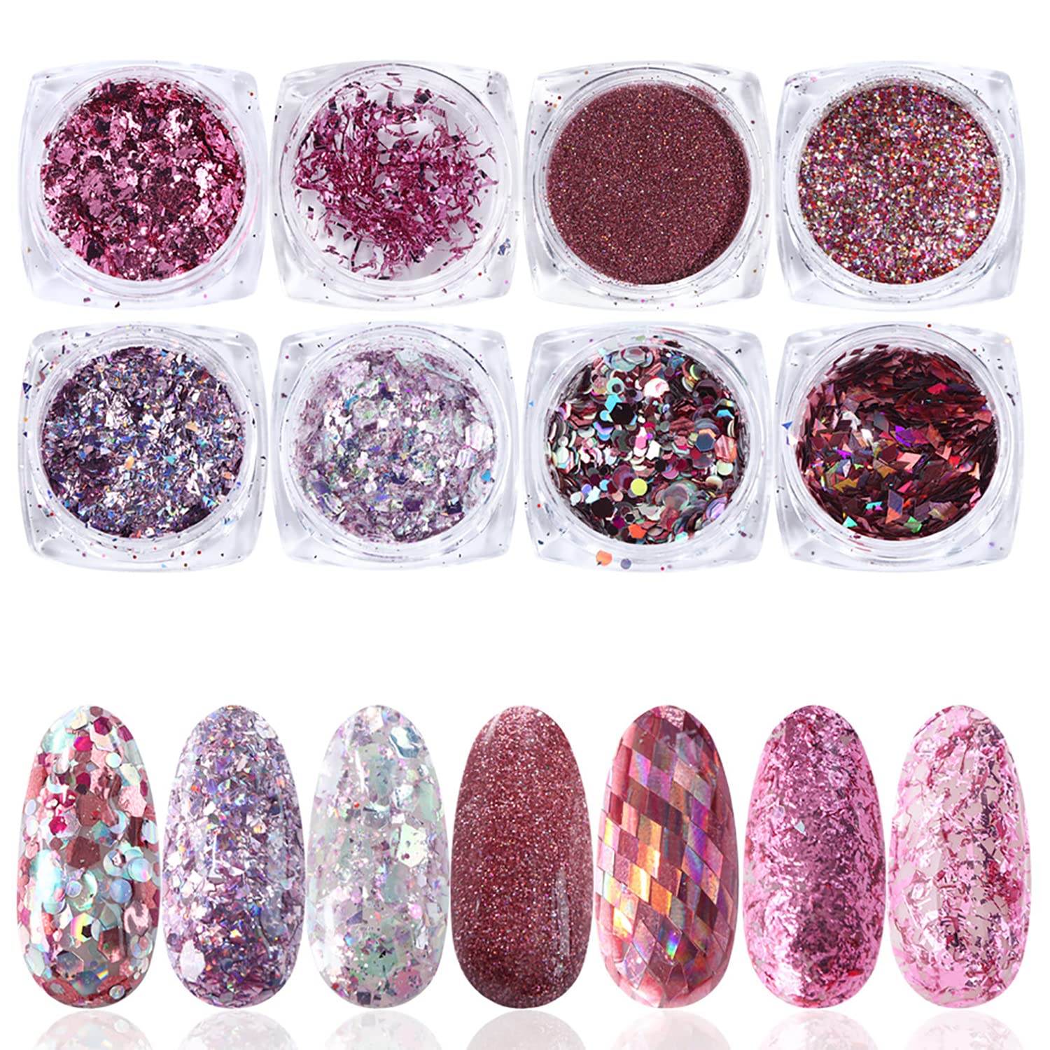 GOGOONLY 8-Piece Holographic Nail Glitter Set - Metallic Shining Flakes & Sequins for Nail Art Decoration (Magenta) | Professional Salon & DIY Manicure at Home