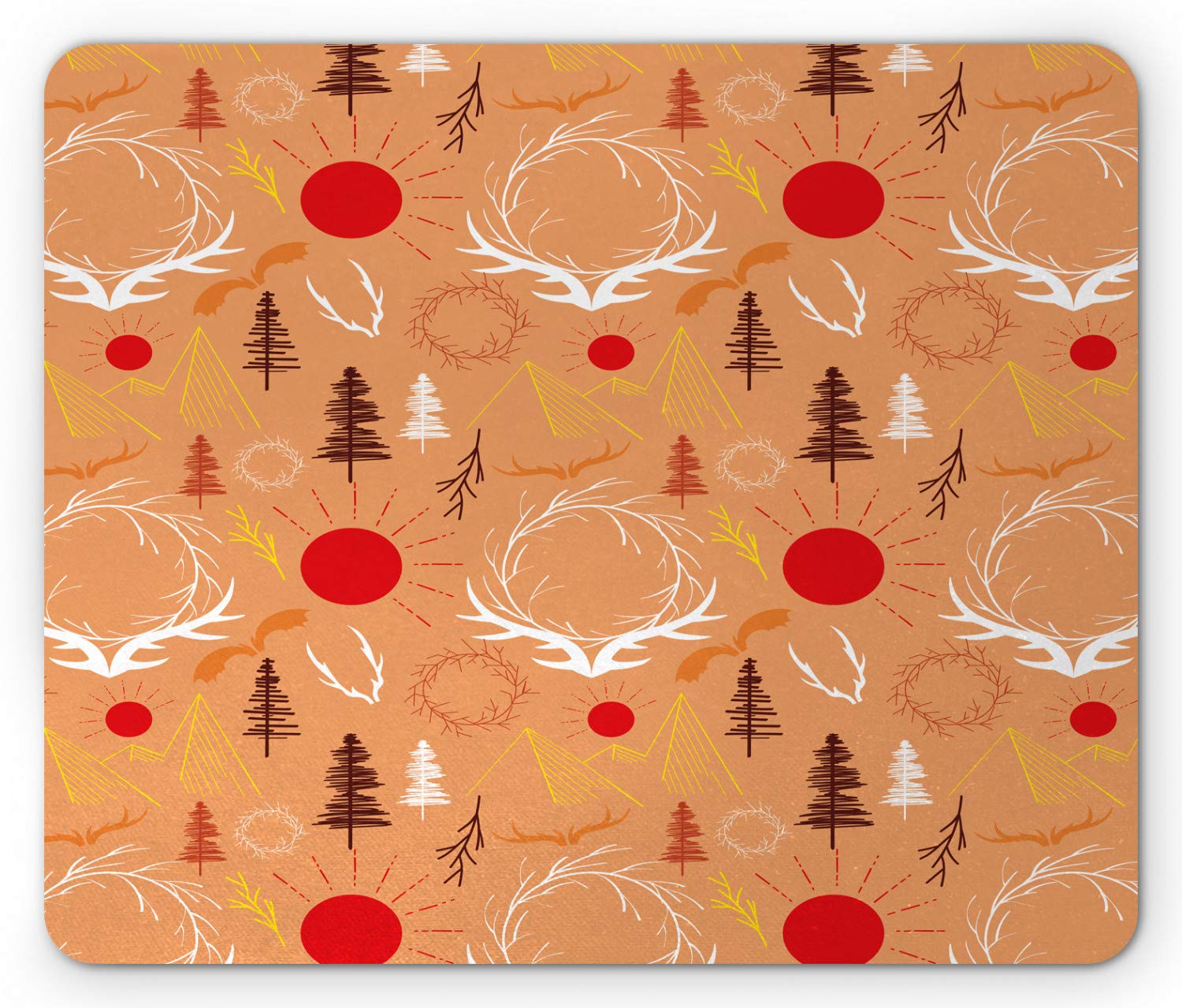 Ambesonne Rustic Mouse Pad - Boho Antler Sun and Mountain Landscape Design, Non-Slip Rubber Base, Standard Size Rectangle Mousepad in Dark Peach & Multicolor - Perfect for Home Office, Gaming & Computer Workstations