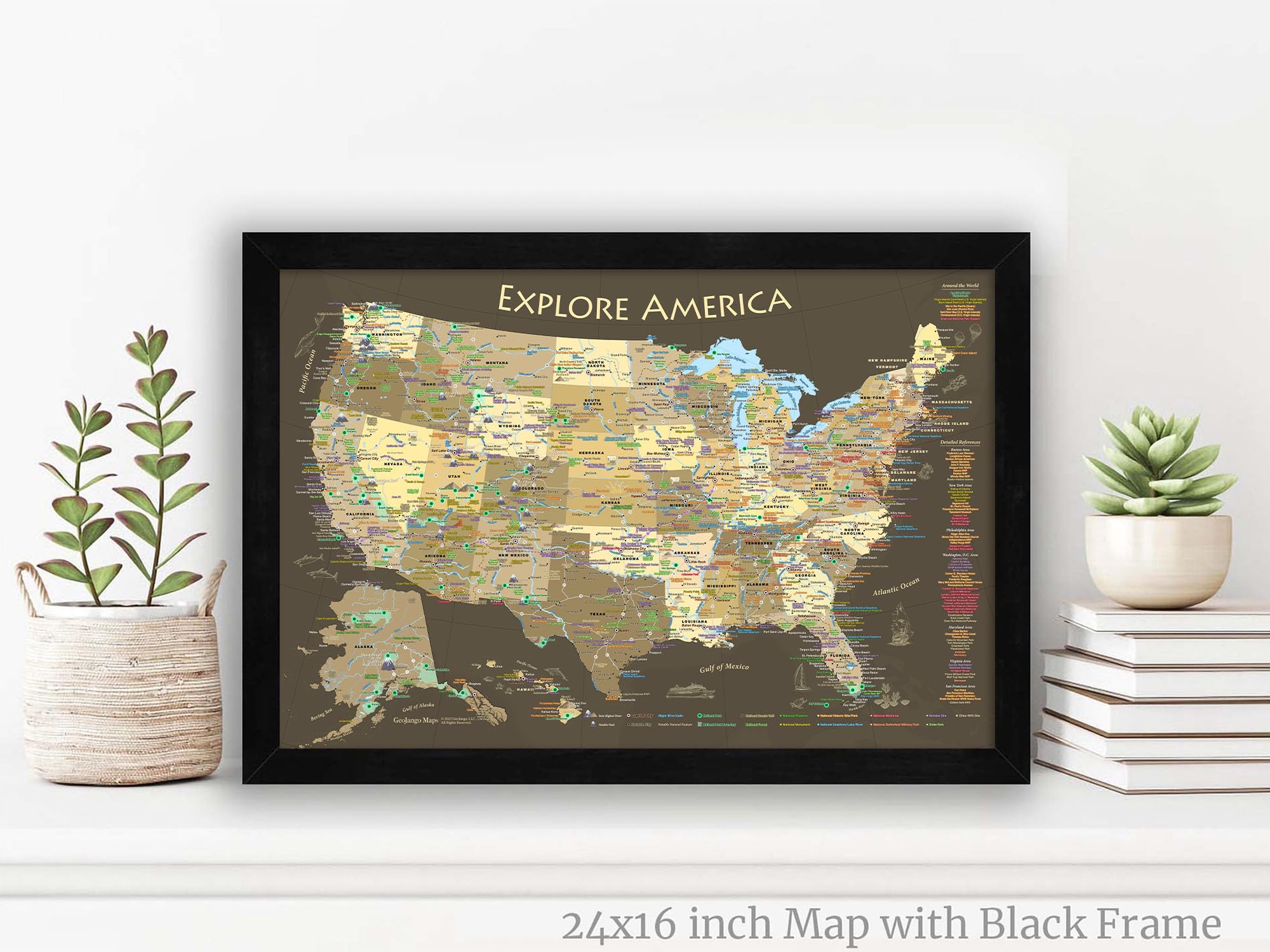 USA Travel Map with Push Pins - Track Visits to 63 National Parks | Brown Framed, Rolled Poster or Stretched Canvas | Includes 500 Pins for Road Trips & Adventure Planning
