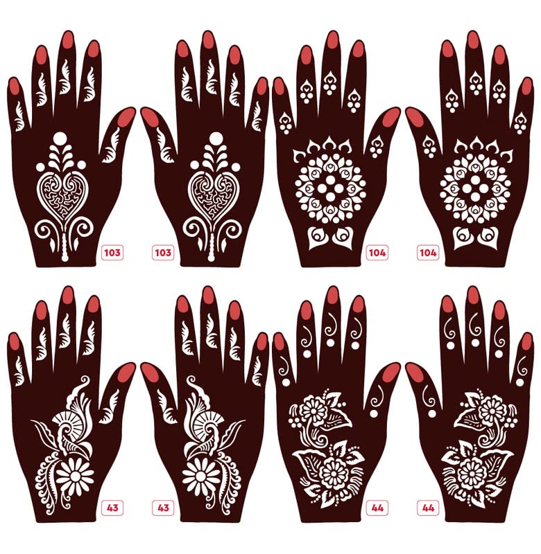 Apcute 8-Piece Henna Stencil Kit for Hands - Easy-to-Use Mehndi Design Stickers for Girls, Women & Kids | Perfect for Weddings, Festivals & DIY Body Art (Set Includes Designs 103, 104, 43, 44)