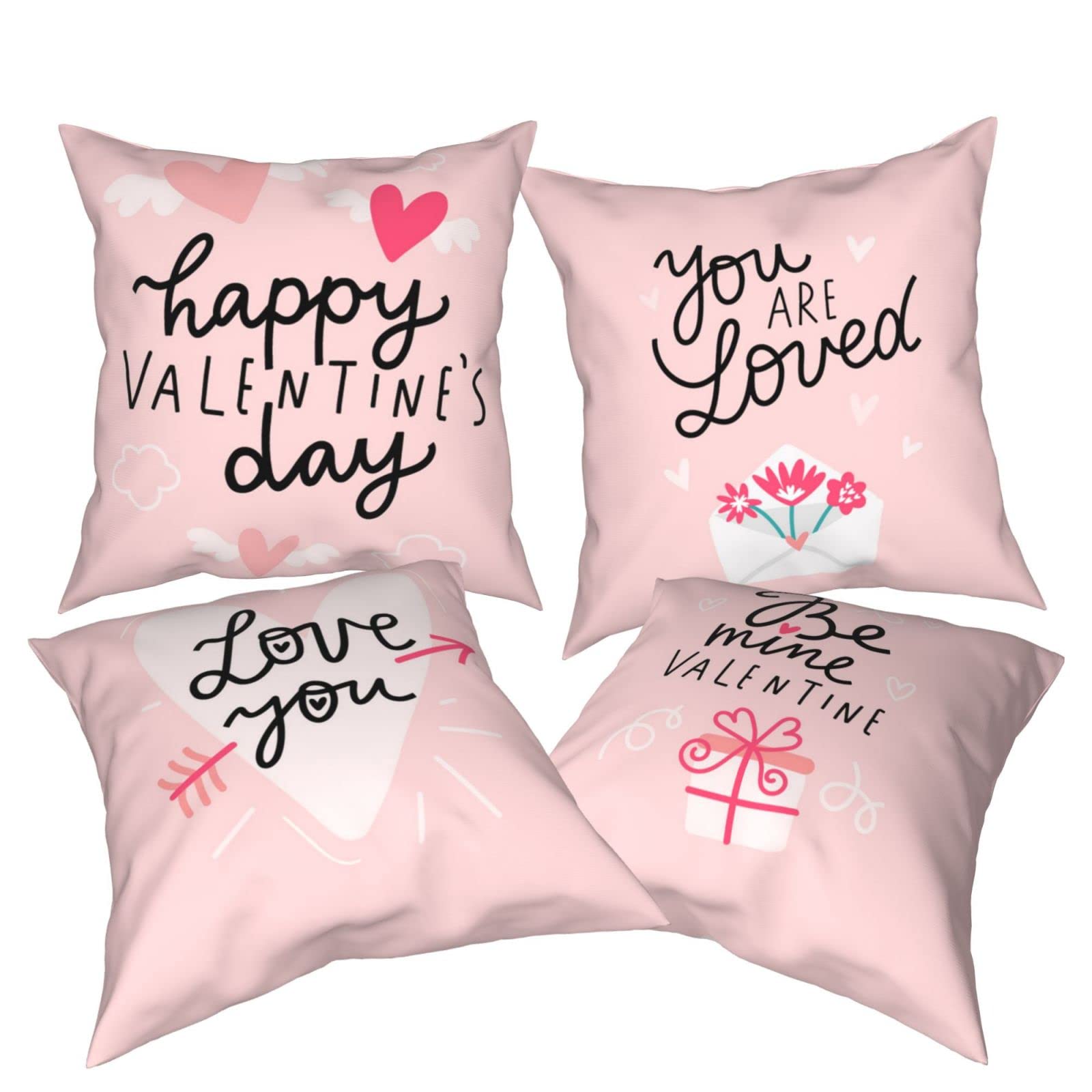 Valentine's Day Pillow Covers Set of 4 - 18x18 Inch Heart & Love Throw Pillow Covers for Sofa, Couch - Romantic Home Decor for Valentine's Gifts, Anniversary, Bedroom & Living Room Decorations