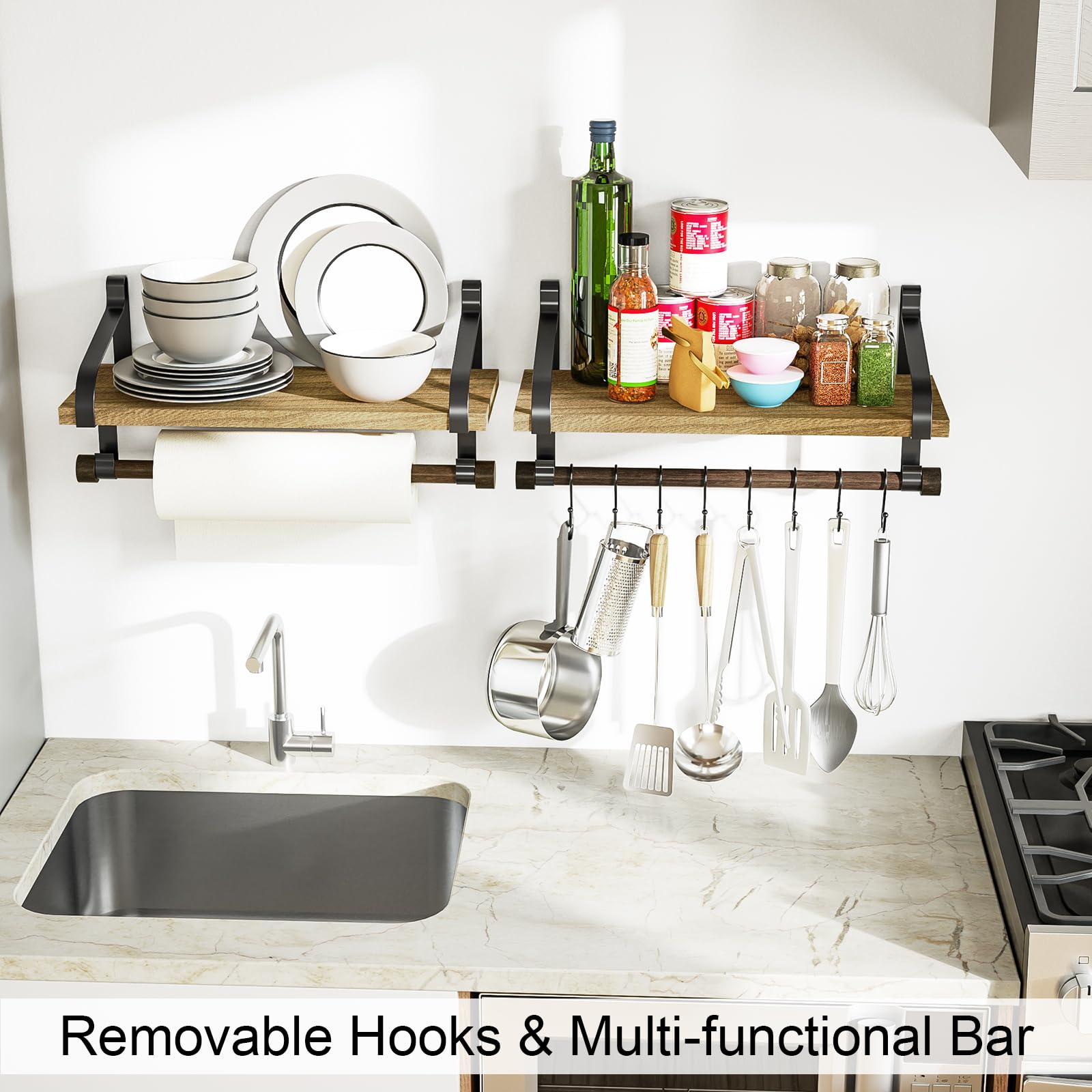 Floating Shelves Wall Mounted - Set of 2 Sturdy Wooden Shelves for Home Decor, Bathroom, Kitchen & Living Room Organization | Love-KANKEI Modern Wall Shelves