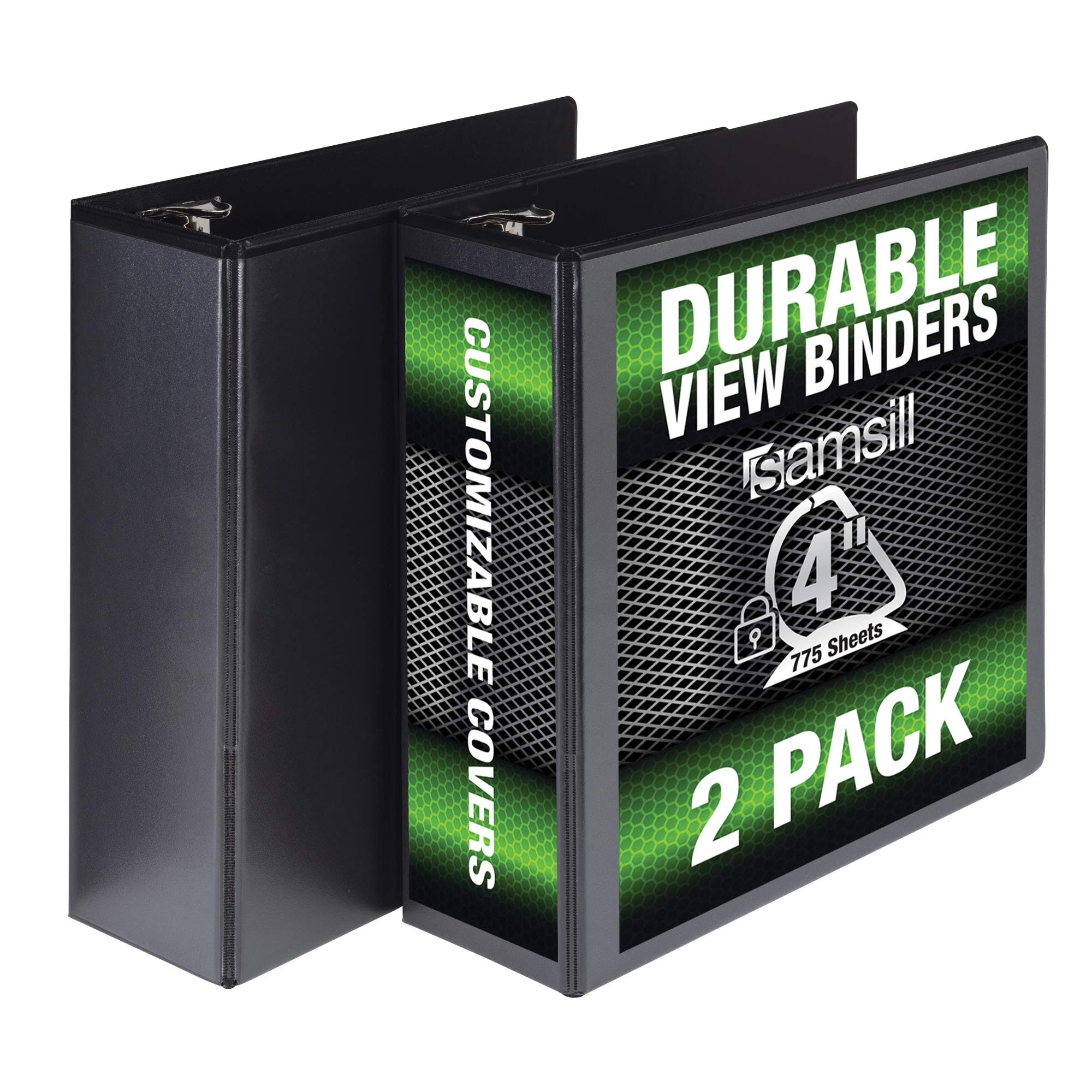 Samsill Heavy Duty 4 Inch 3-Ring Binder - Locking D-Ring, Clear View Cover, Holds 775 Sheets - Made in USA - 2 Pack Black Binders for School, Office & Business Organization