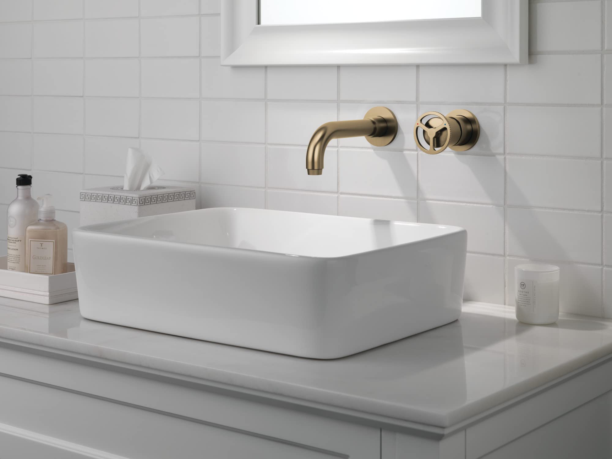 Delta Trinsic Wall Mount Bathroom Faucet in Gold - Modern Single Hole Bathroom Sink Faucet with Champagne Bronze Finish (T3558LF-CZWL) - Perfect for Powder Rooms, Guest Baths & Small Space Vanities (Valve Not Included)