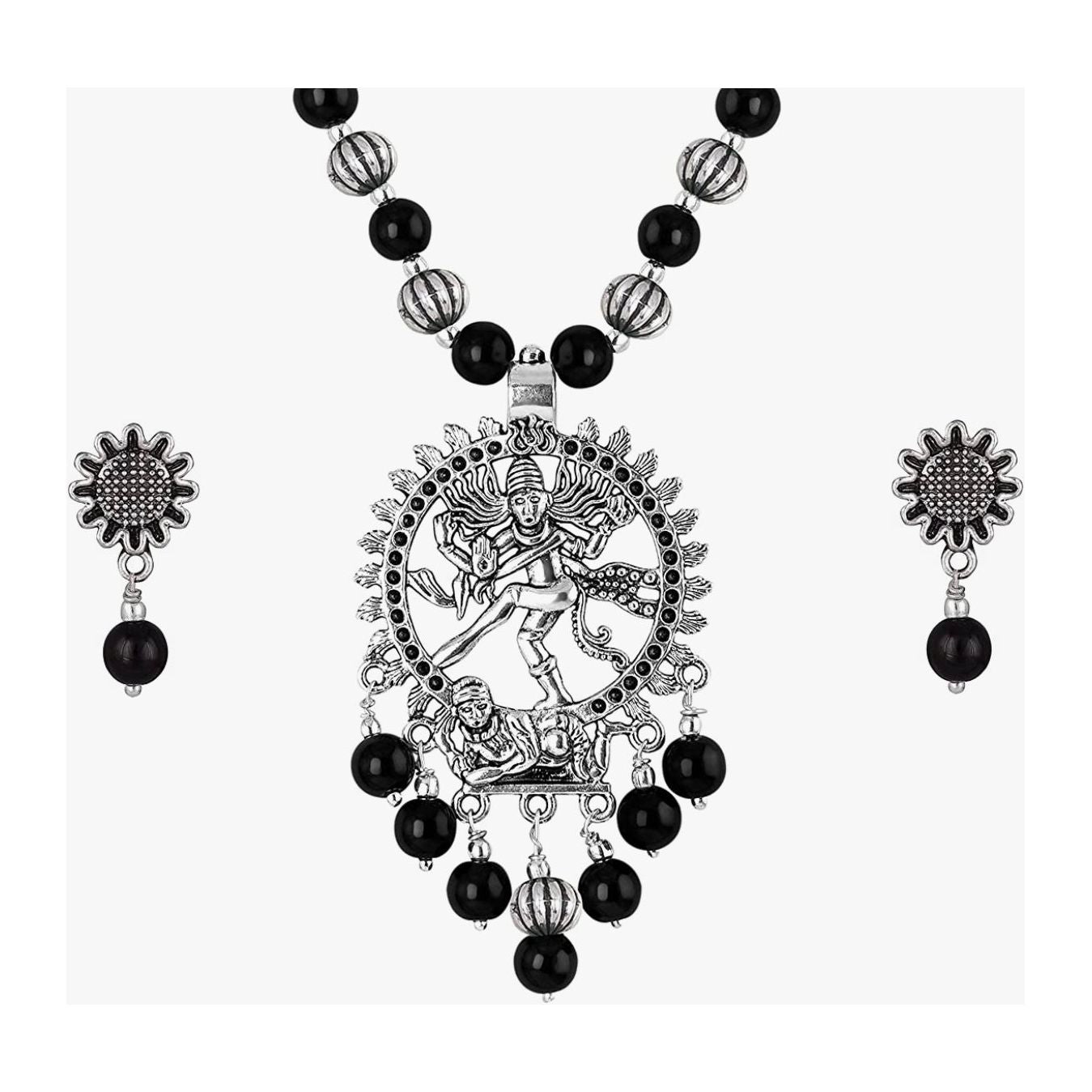 Oxidized Nataraja Black Onyx Beaded Necklace Set - Handmade Spiritual Jewelry for Meditation, Yoga & Chakra Healing | Gift for Women & Men