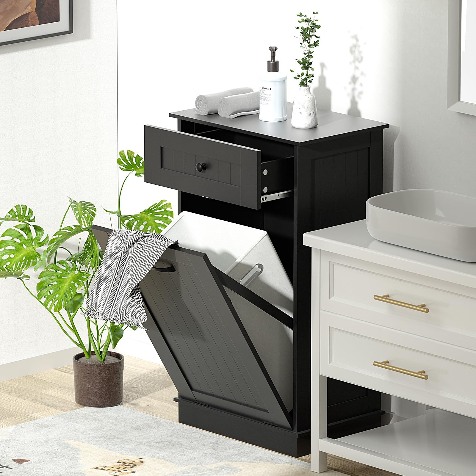 Wooden Tilt-Out Trash Cabinet - Dog Proof Garbage Can Holder with Laundry Hamper - Kitchen Island Organizer in Black - Perfect for Pet Owners & Small Space Kitchens