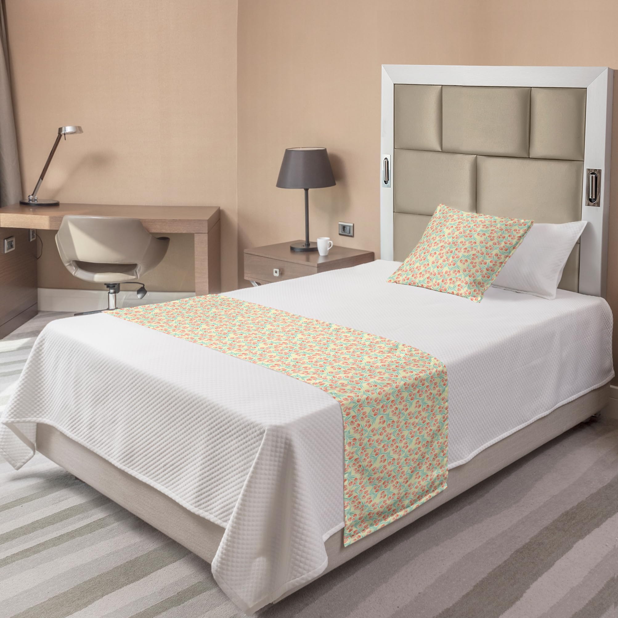 Ambesonne Spring Floral Bed Runner Set - Tulips with Fresh Leafage Botanical Design on Ivory Background, Decorative Bed Scarf & Pillow Sham for Hotels & Homes, Twin Size, Ivory Coral & Green - Perfect for Spring Bedroom Decor, Guest Room Styling & Seasonal Home Refresh