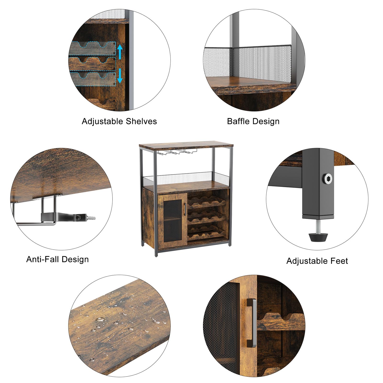 GAOMON Rustic Brown Farmhouse Sideboard & Buffet Cabinet - Coffee Wine Bar with Storage, Detachable Rack, Glass Holder & Mesh Door - Perfect for Dining Room, Kitchen or Home Bar Organization