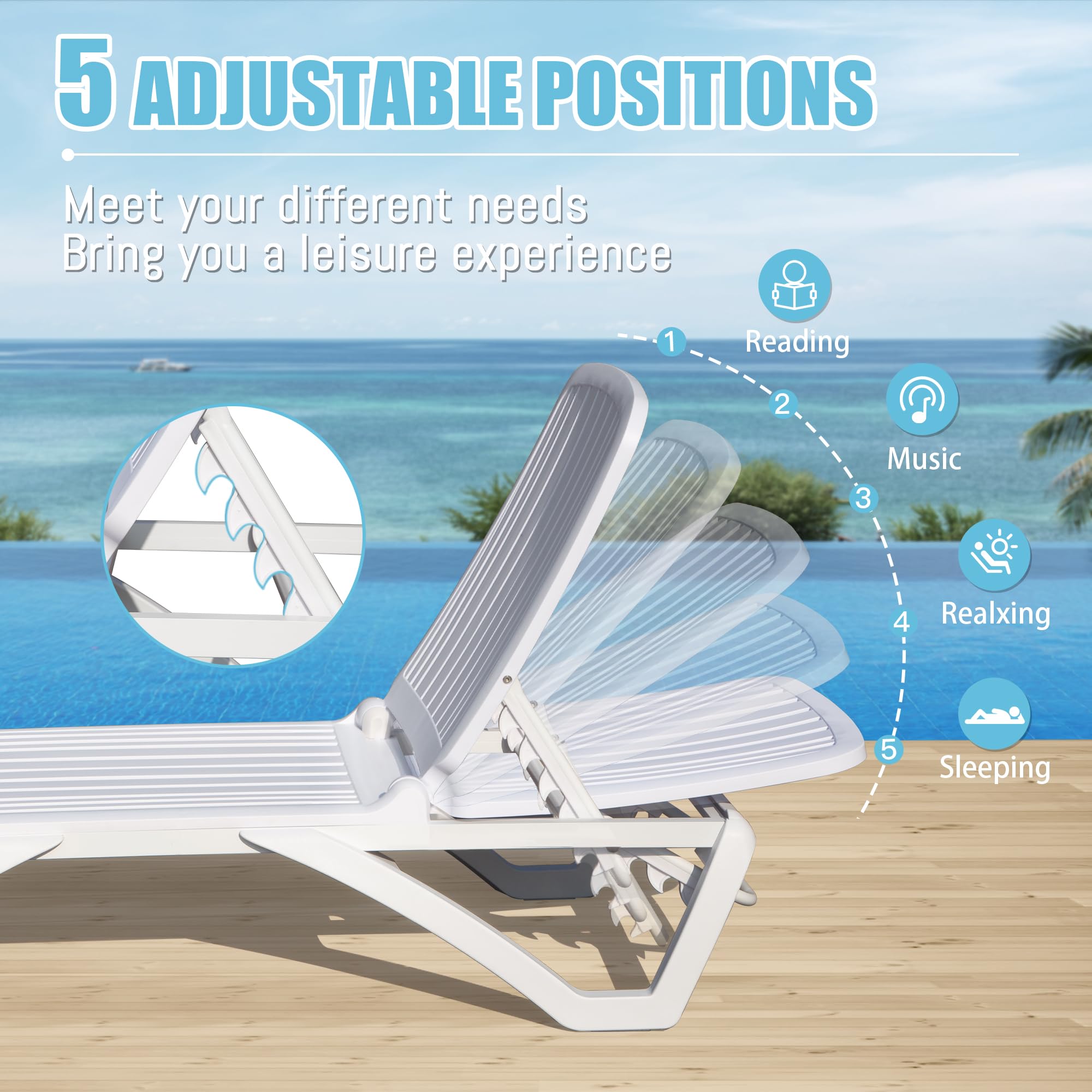 Domi Patio Chaise Lounge - All-Weather Adjustable Reclining Outdoor Lounge Chair with Wheels, Stackable Plastic Tanning Chair for Beach, Garden, Lawn, Poolside Relaxation | Perfect for Sunbathing, Lounging by the Pool, or Backyard Relaxation