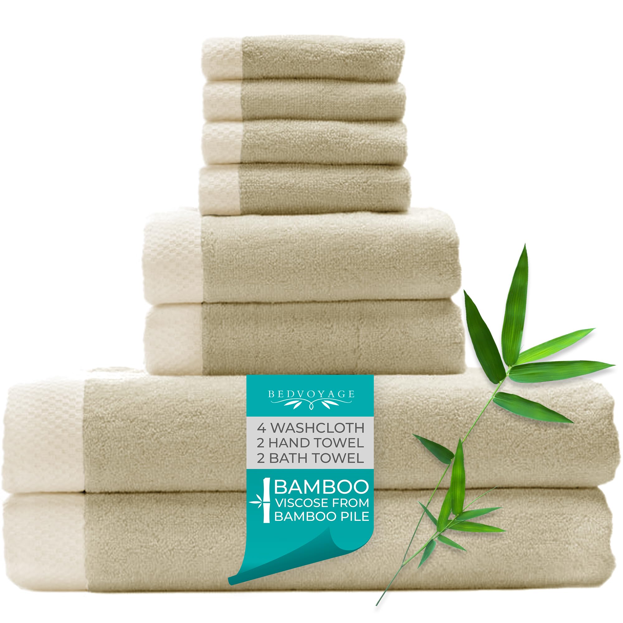 Luxury 8-Piece Bamboo Viscose Towel Set - 600 GSM Ultra Soft & Super Absorbent - 2 Bath Towels, 2 Hand Towels, 4 Washcloths (Champagne) - Perfect for Spa, Bathroom & Hotel Use
