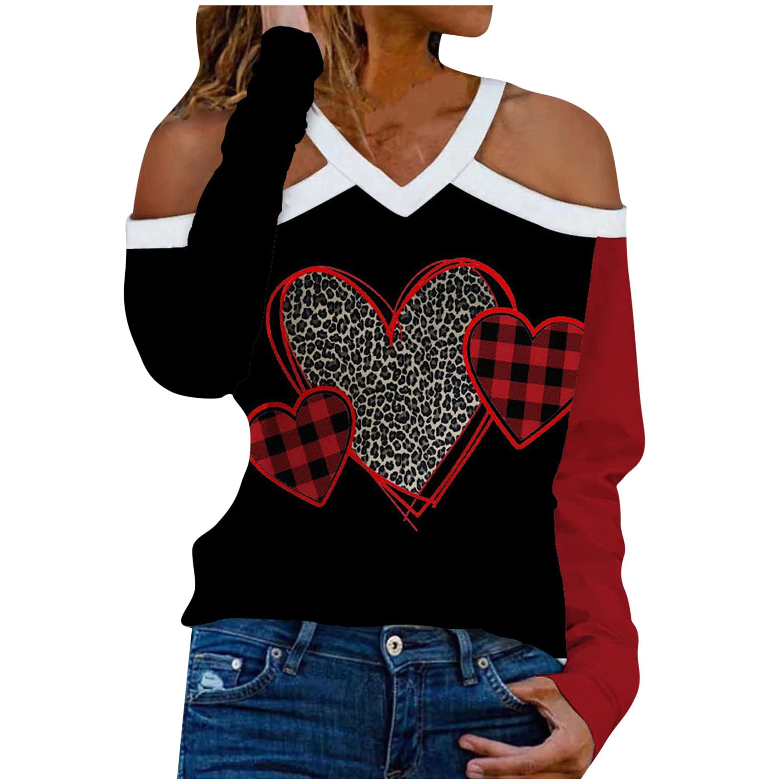 Valentine's Day Women's Long Sleeve V-Neck Blouse - Romantic Heart Print Casual Loose Tunic Top for Date Night, Gift Giving & Everyday Wear