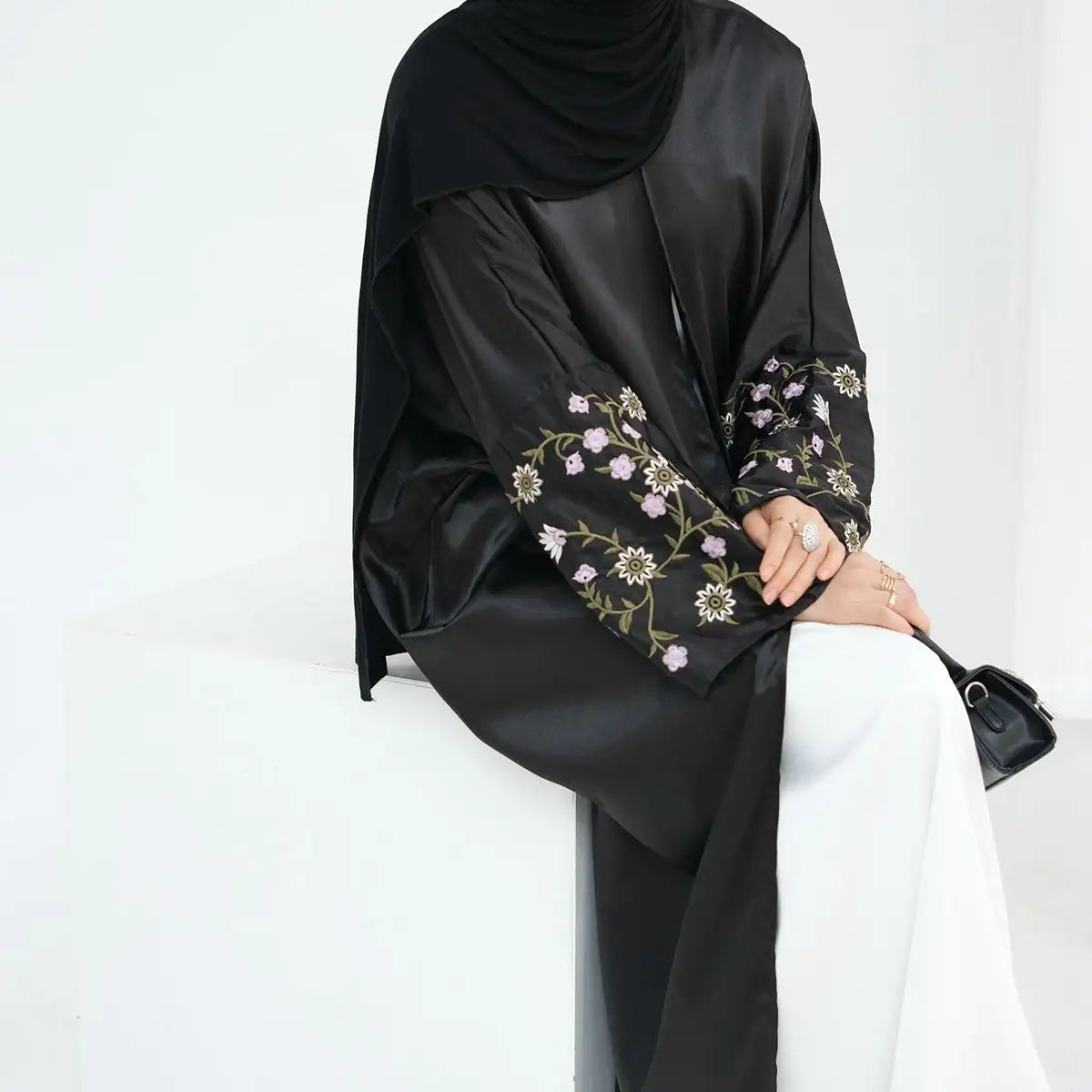 Elegant Floral Embroidery Satin Cardigan Abaya Dress - Lightweight Open Front Kimono Cover Up for Women - Perfect for Prayer, Mosque, Wedding & Special Occasions