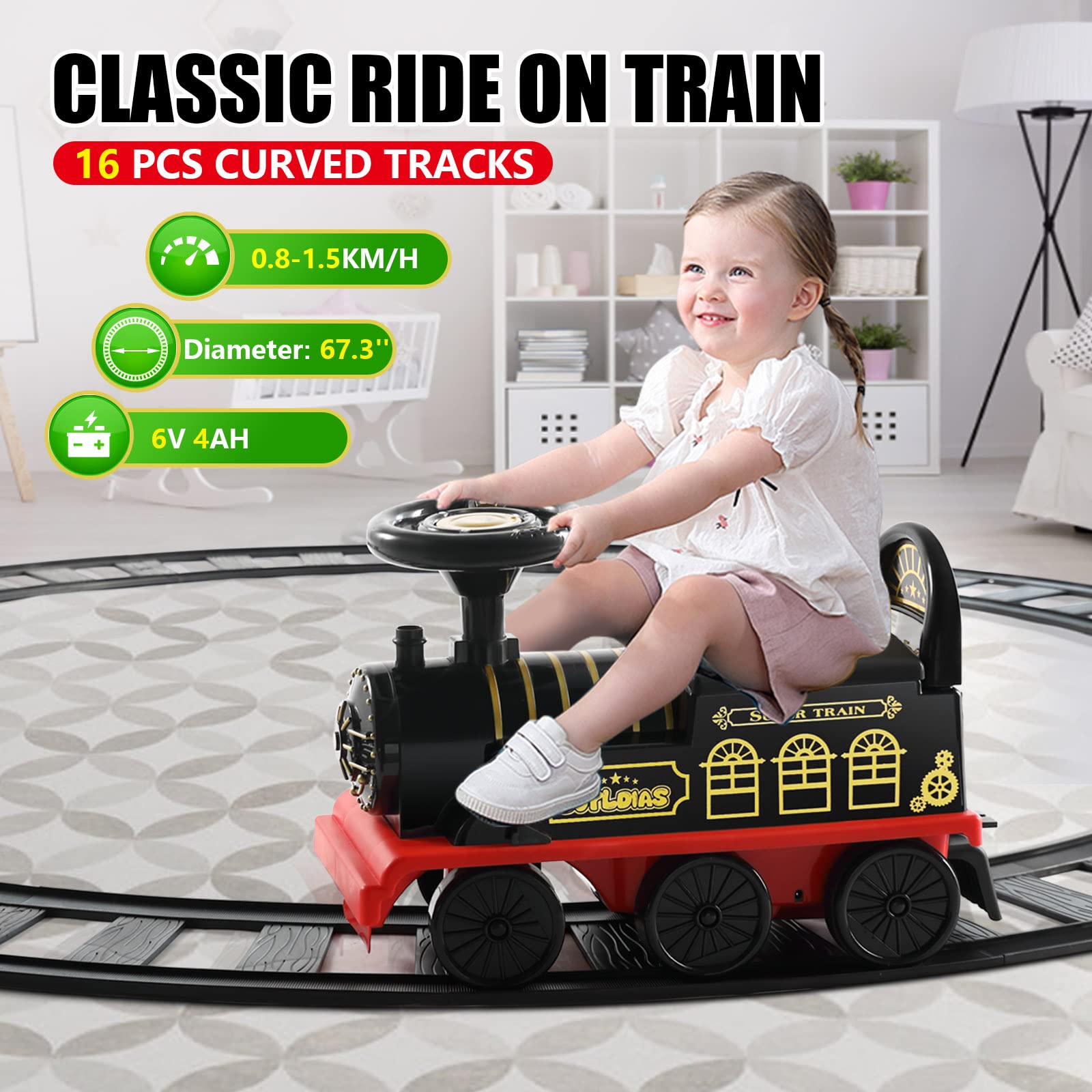 JOYLDIAS 3-in-1 Electric Ride On Train Toy for Kids with 16pcs Curved Tracks, Lights & Horns - 6V Battery Powered Toddler Train with Storage & Retractable Foot Pedals - Perfect Indoor/Outdoor Play for Children Under 39 Inches (Black)