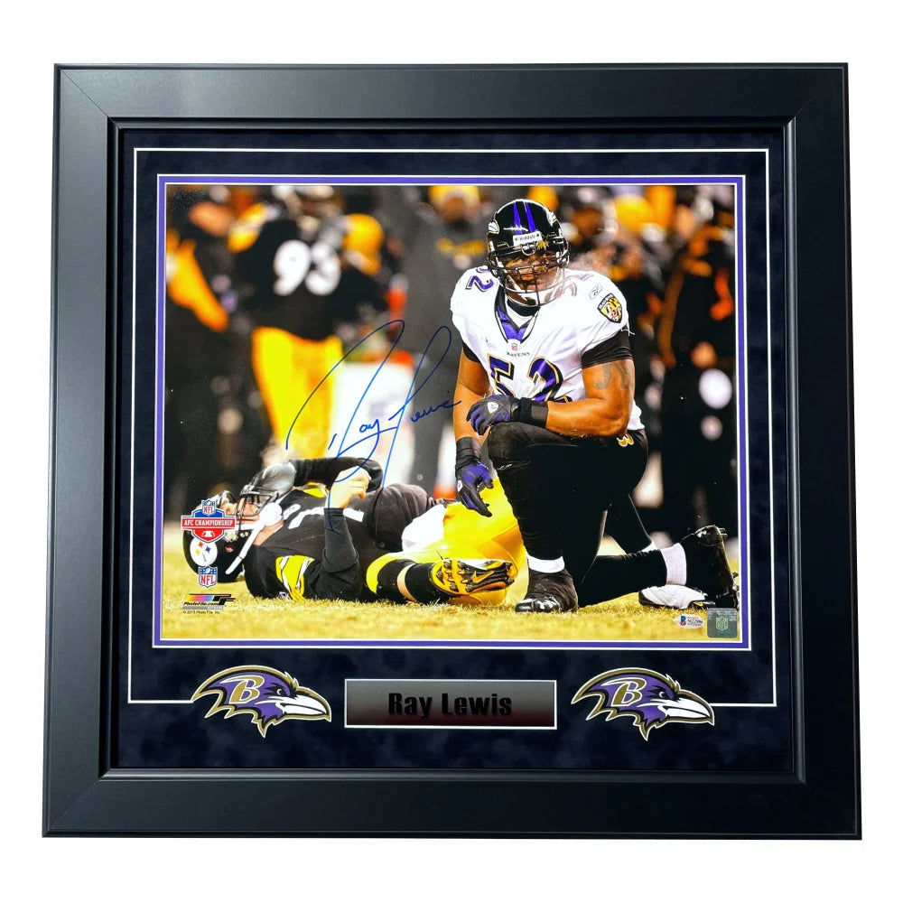 Ray Lewis Autographed Baltimore Ravens 16x20 Framed Photo - BAS Certified Signed Memorabilia vs Big Ben - Perfect for Sports Fans, Man Cave Decor & NFL Collectibles