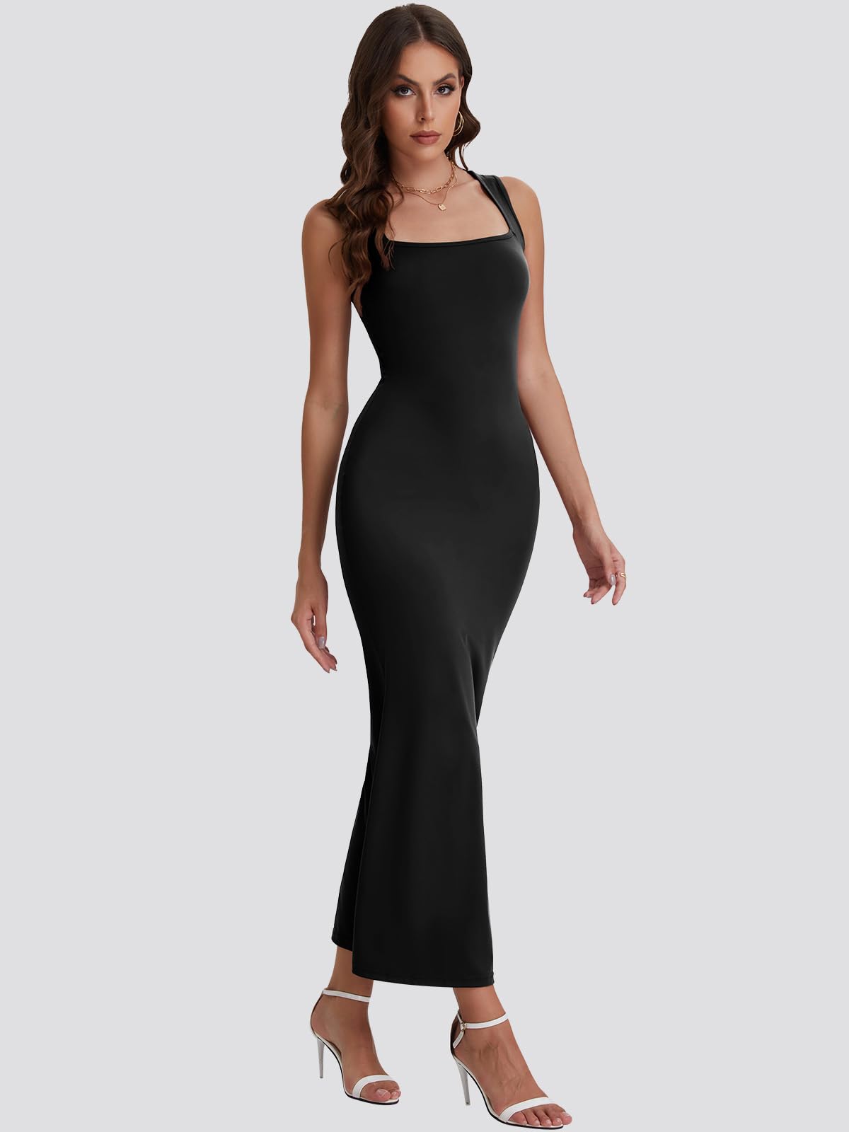 Bloggerlove Women's Summer Long Bodycon Maxi Dress - Square Neck Strap Sleeveless Sexy Cocktail Party Prom Dress for Beach Vacation, Date Night & Evening Events