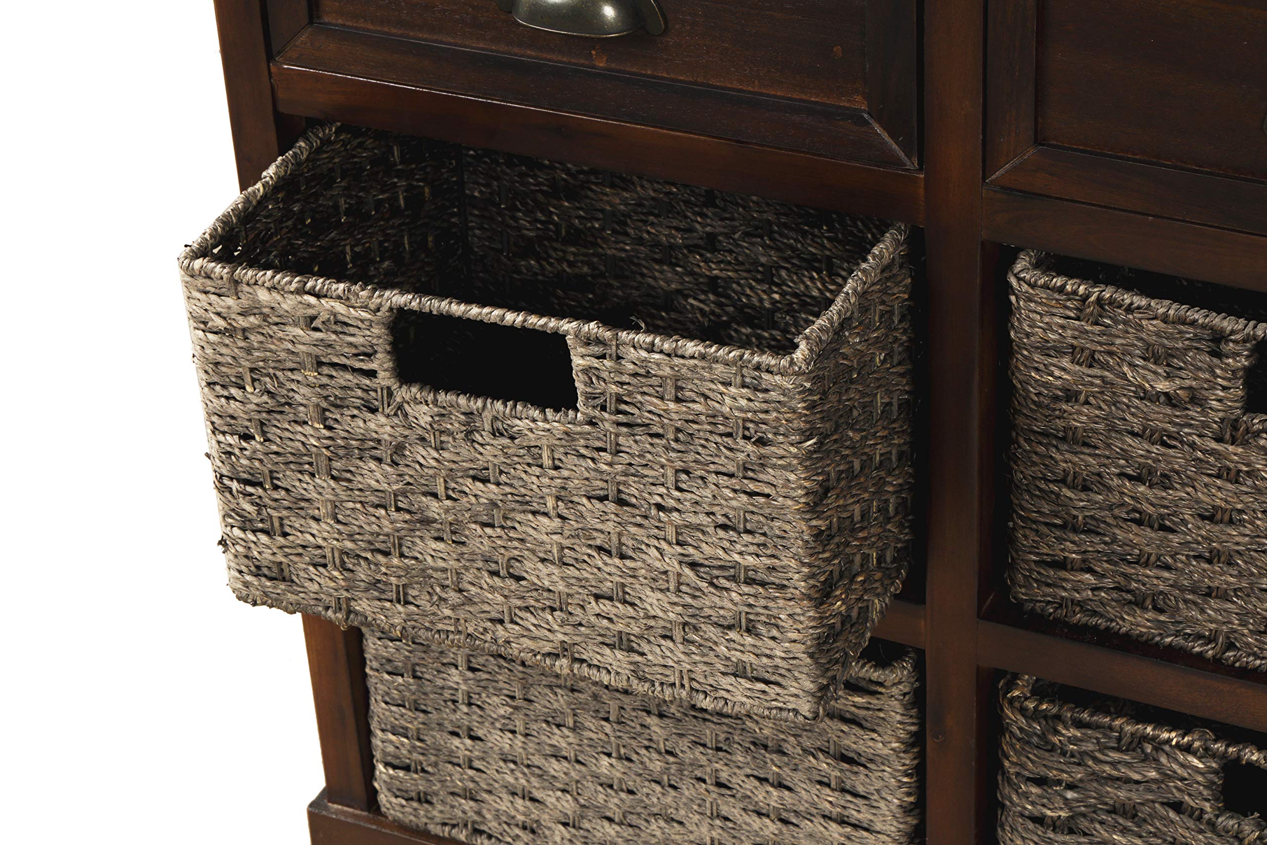 Rustic Wood Storage Cabinet with 2 Drawers & 4 Rattan Baskets - Kitchen, Dining Room, Entryway, Living Room Organizer - Espresso Accent Furniture for Home Decor & Storage Solutions
