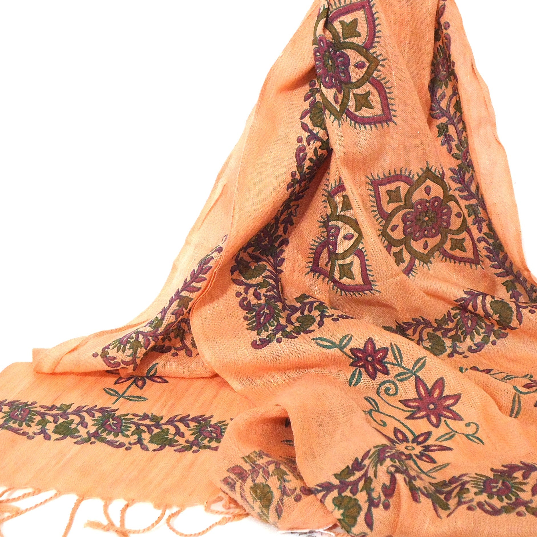 Floral Woodblock Print Scarf - Soft Lightweight Womens Fashion Shawl Wrap - Perfect for Spring Outfits, Weddings & Special Occasions