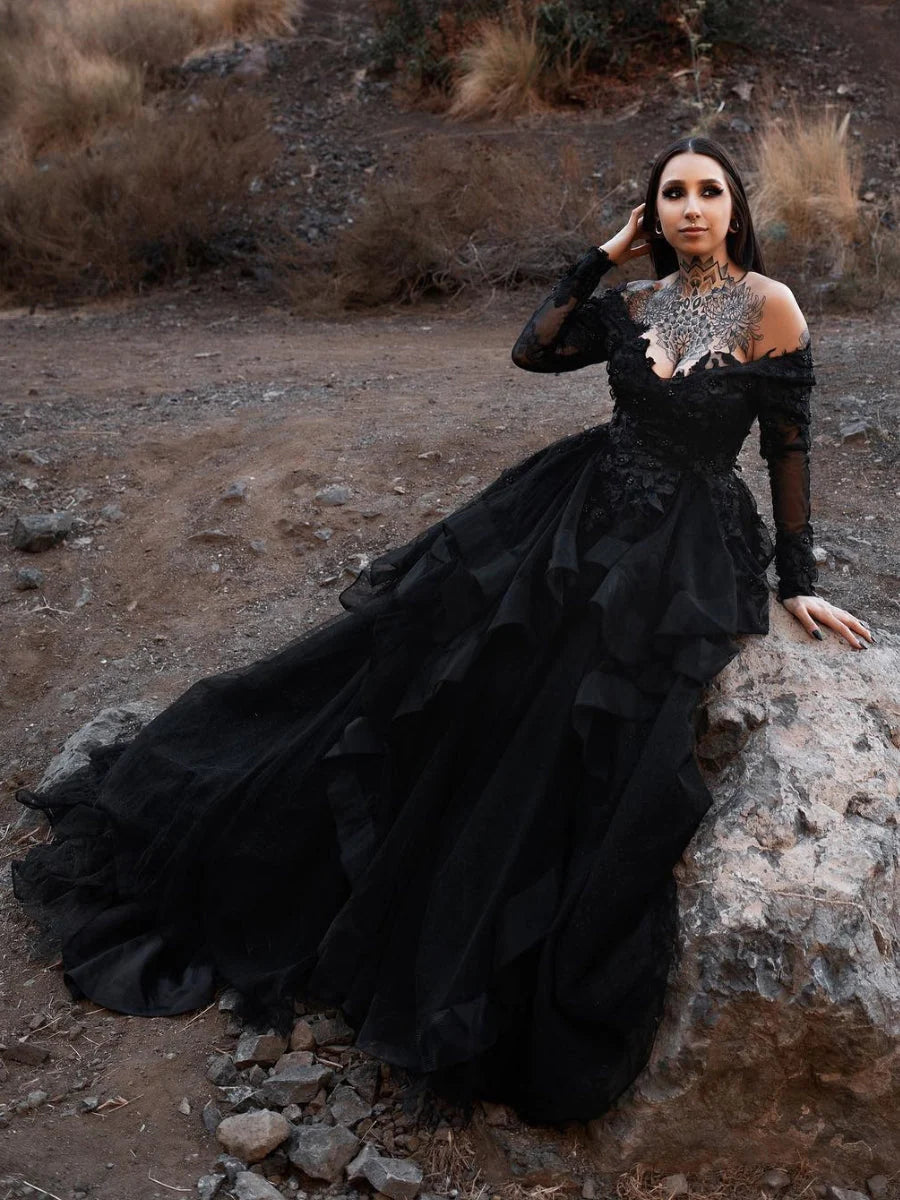 Elegant Black Gothic Wedding Dress with Long Sleeves, Off-Shoulder V-Neck & Tiered Skirt – Perfect for Gothic Brides, Dark Romance Weddings & Vampire-Themed Events