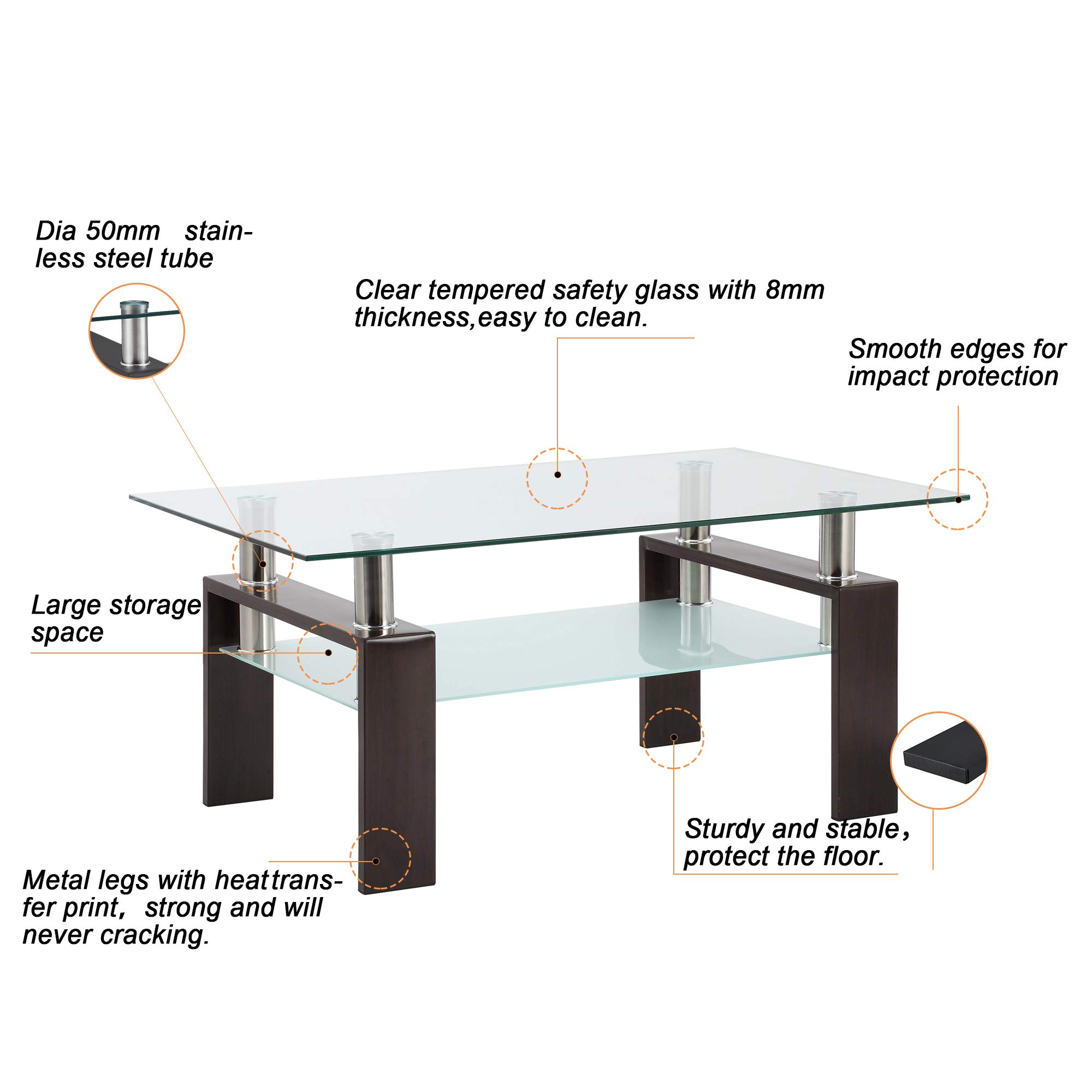 Modern Rectangle Glass Coffee Table with Sturdy Metal Tube Legs - Stylish End Table for Living Room, Perfect for Home Decor & Small Spaces