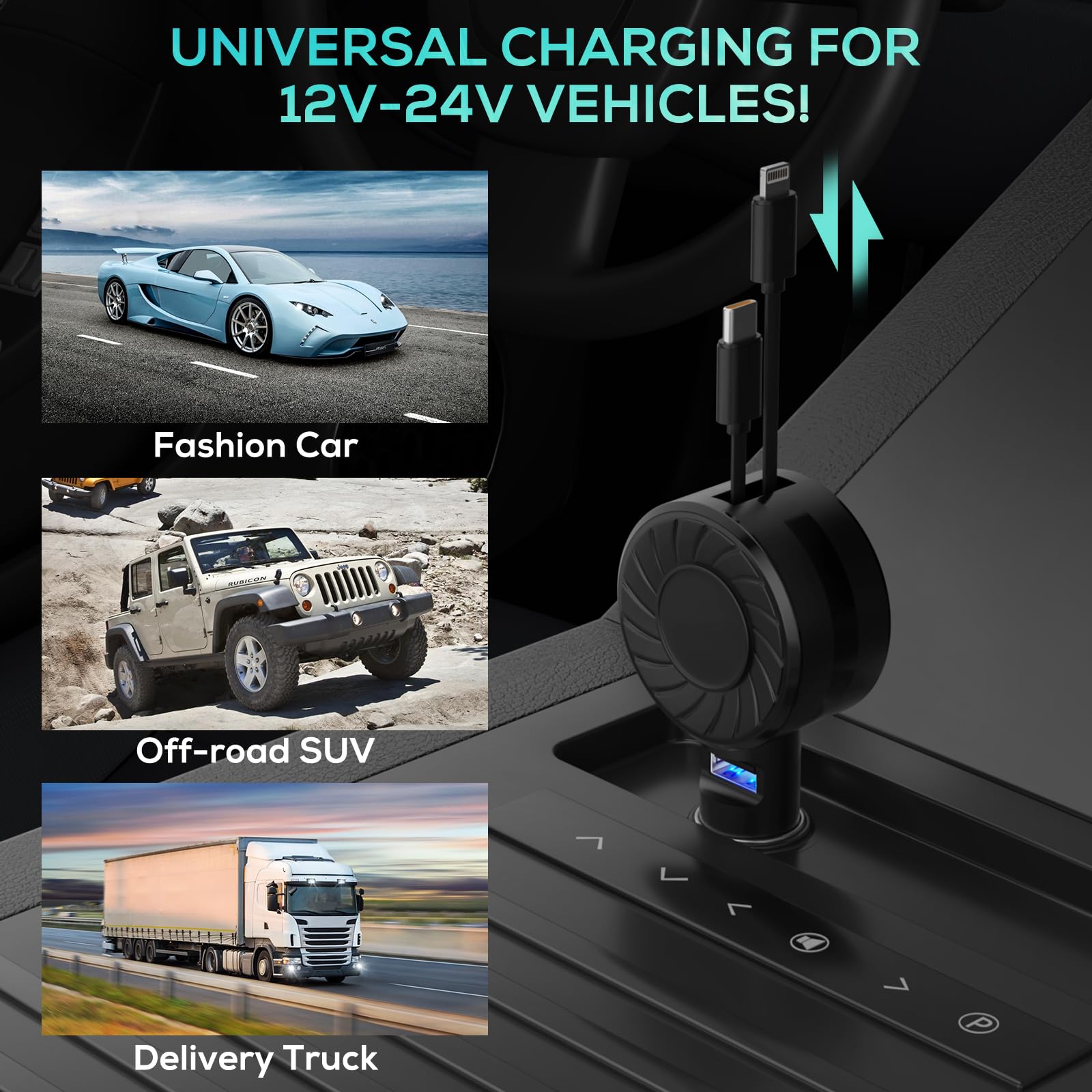 2-Pack Retractable 50W Fast Car Charger with 3-in-1 USB C & Cigarette Lighter Port - Compatible with iPhone 15 Pro/Samsung/Android/Pixel - Perfect for Road Trips & Daily Commutes