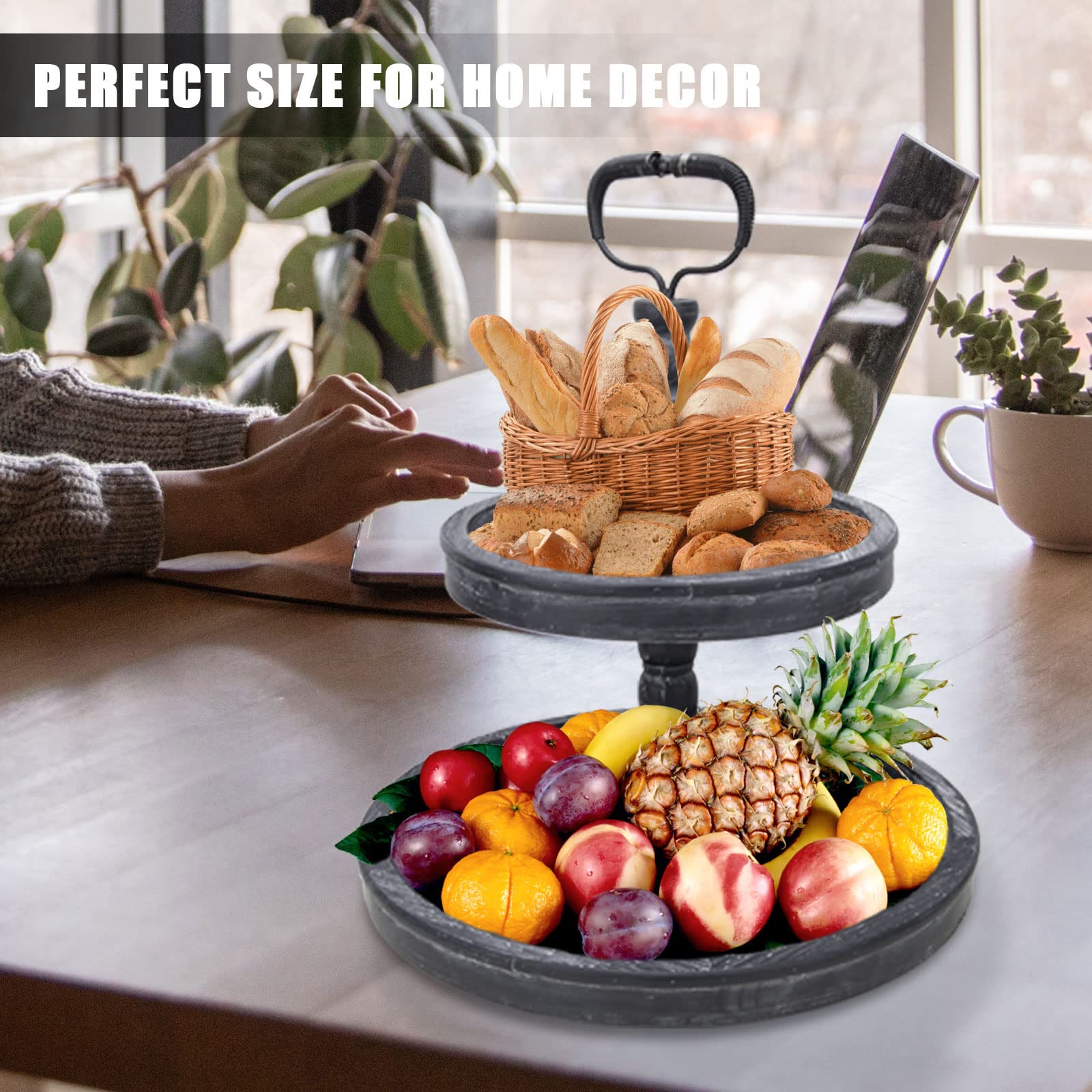 Vipush Farmhouse Two Tiered Serving Tray - Distressed Wood Rustic Cake Stand for Kitchen Decor, Seasonal Display, and Home Organization | Perfect for Dining Table Centerpiece, Coffee Bar Decor, and Holiday Entertaining