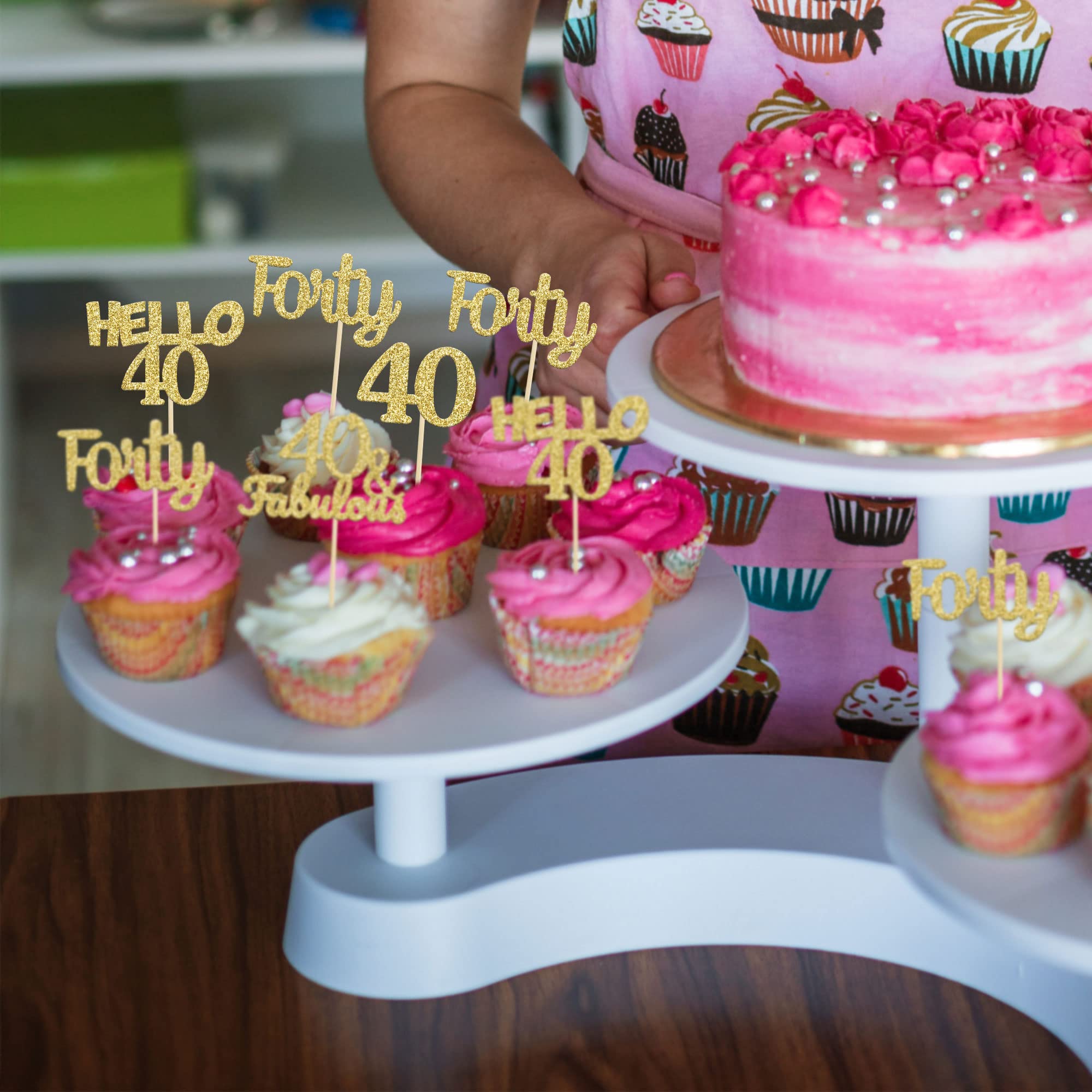 24Pcs Gold Glitter 40th Birthday Cupcake Toppers - Hello 40 Forty Cake Decorations & Fabulous Cupcake Picks for 40th Birthday Party Supplies | Perfect for Anniversary Celebrations, Milestone Birthdays, and Festive Dessert Decorations