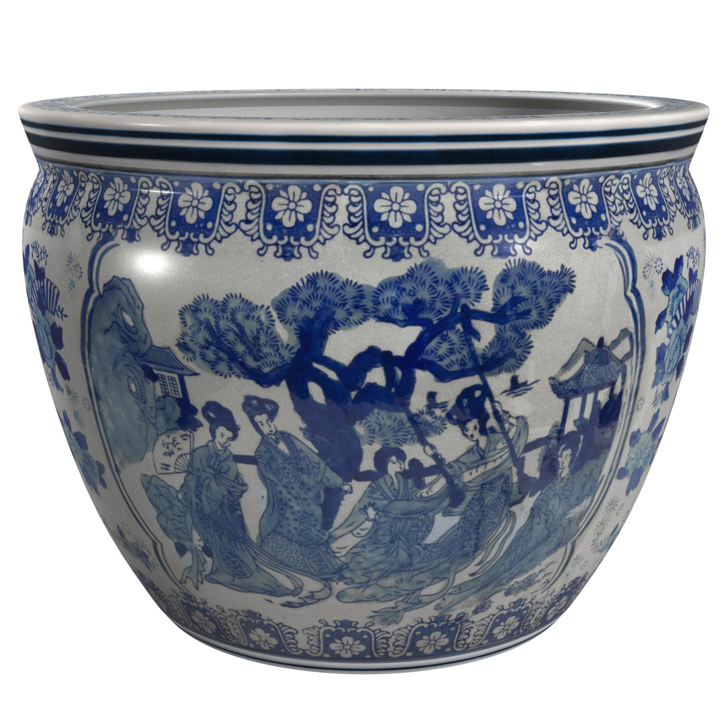12 Inch Blue & White Porcelain Fishbowl Planter - Handmade Ceramic Cachepot for Indoor/Outdoor Decor, Boho Chic Home & Garden Accessory | Perfect for Living Room, Entryway, Patio & Office Decorations