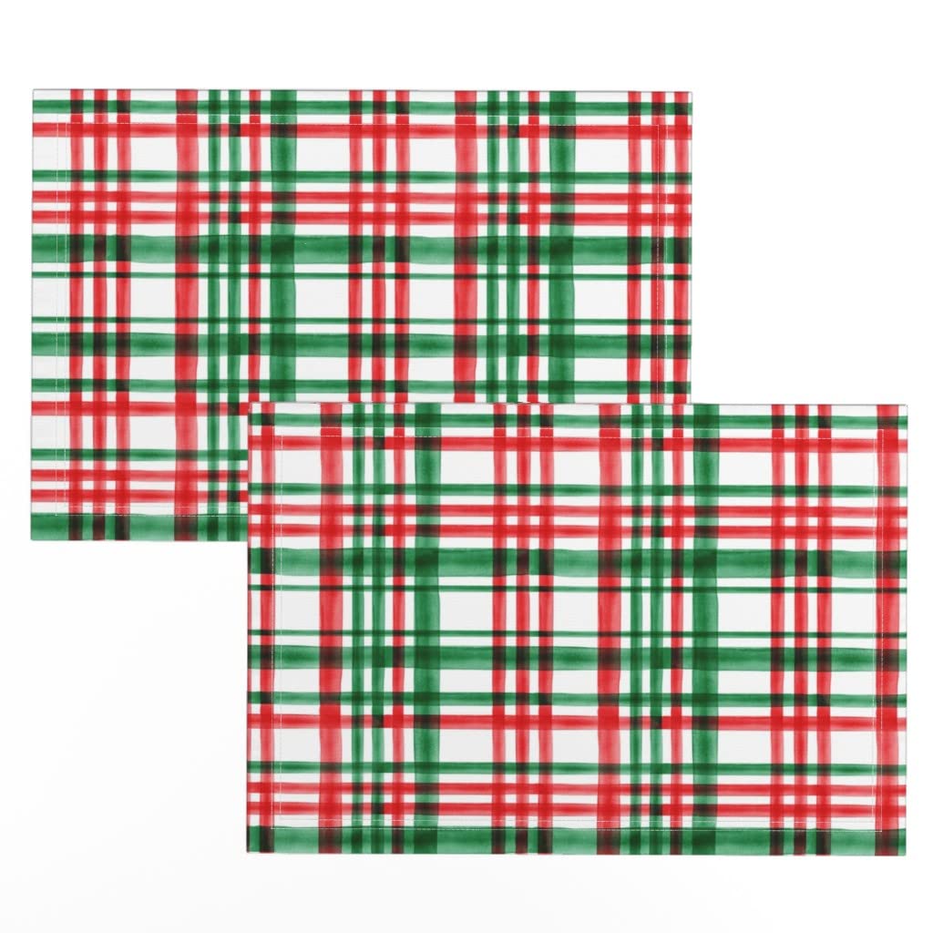 Premium Linen Cotton Canvas Placemats Set of 2 - Christmas Watercolor Plaid Pattern in Red & Green | Trendy Holiday Table Decor for Dining, Parties & Festive Gatherings