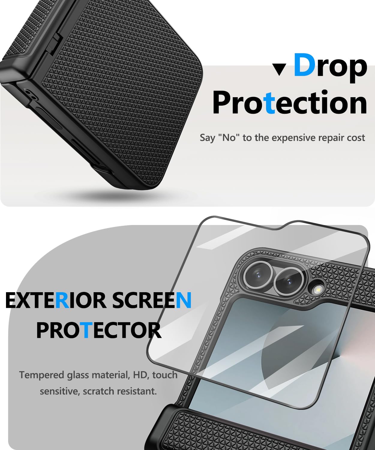 Vihibii Samsung Galaxy Z Flip 6 Case with Hinge Protection & Screen Protector - Slim Shockproof Rugged Cover | Non-Slip Stylish Texture | Perfect for Outdoor Activities, Travel & Daily Protection (2024 Model, Black)