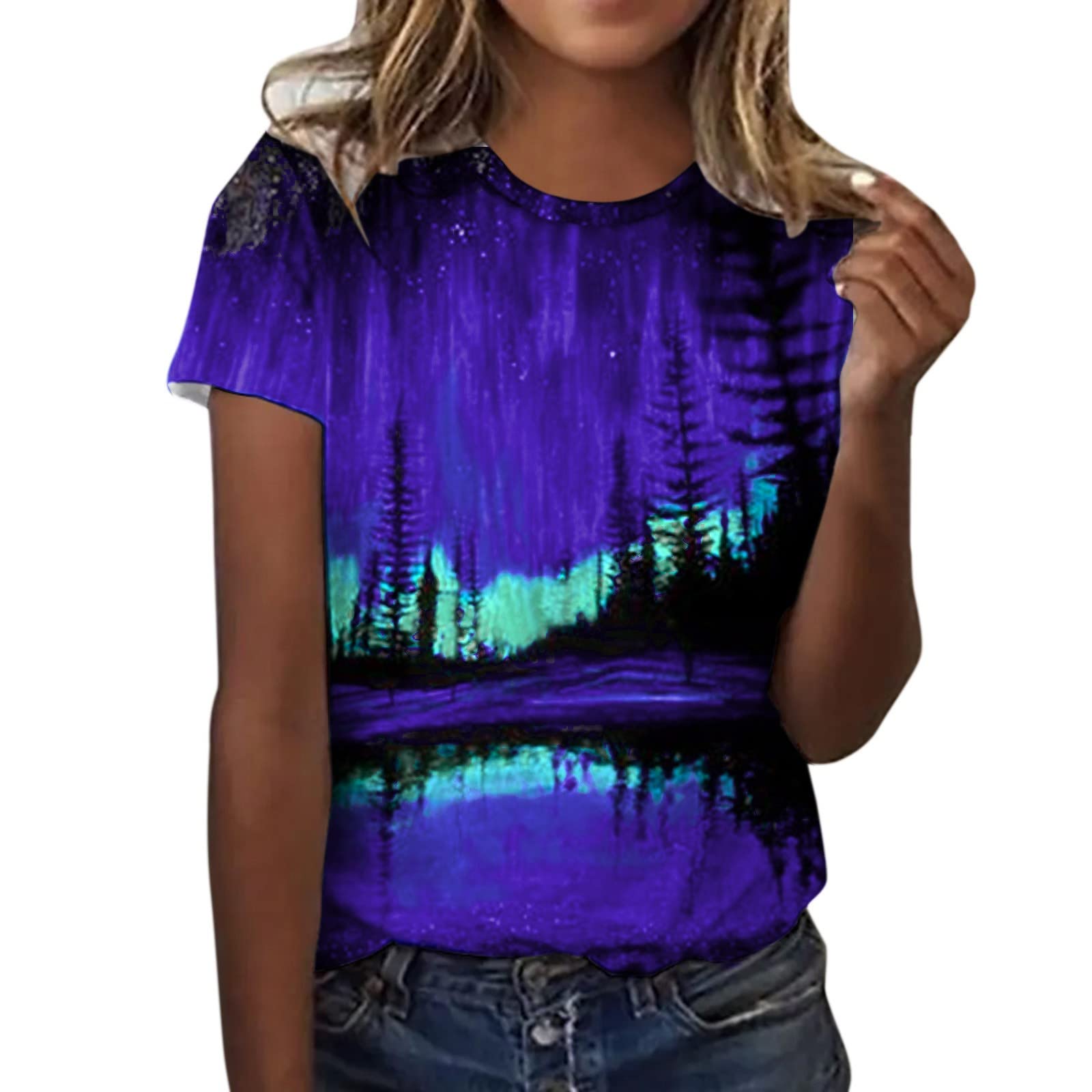 Women's Loose Casual Summer Tops - Short Sleeve Hollow Print Blouse Shirt (Blue, Size S) | Perfect for Beach Outings, Vacation Wear & Everyday Casual Style