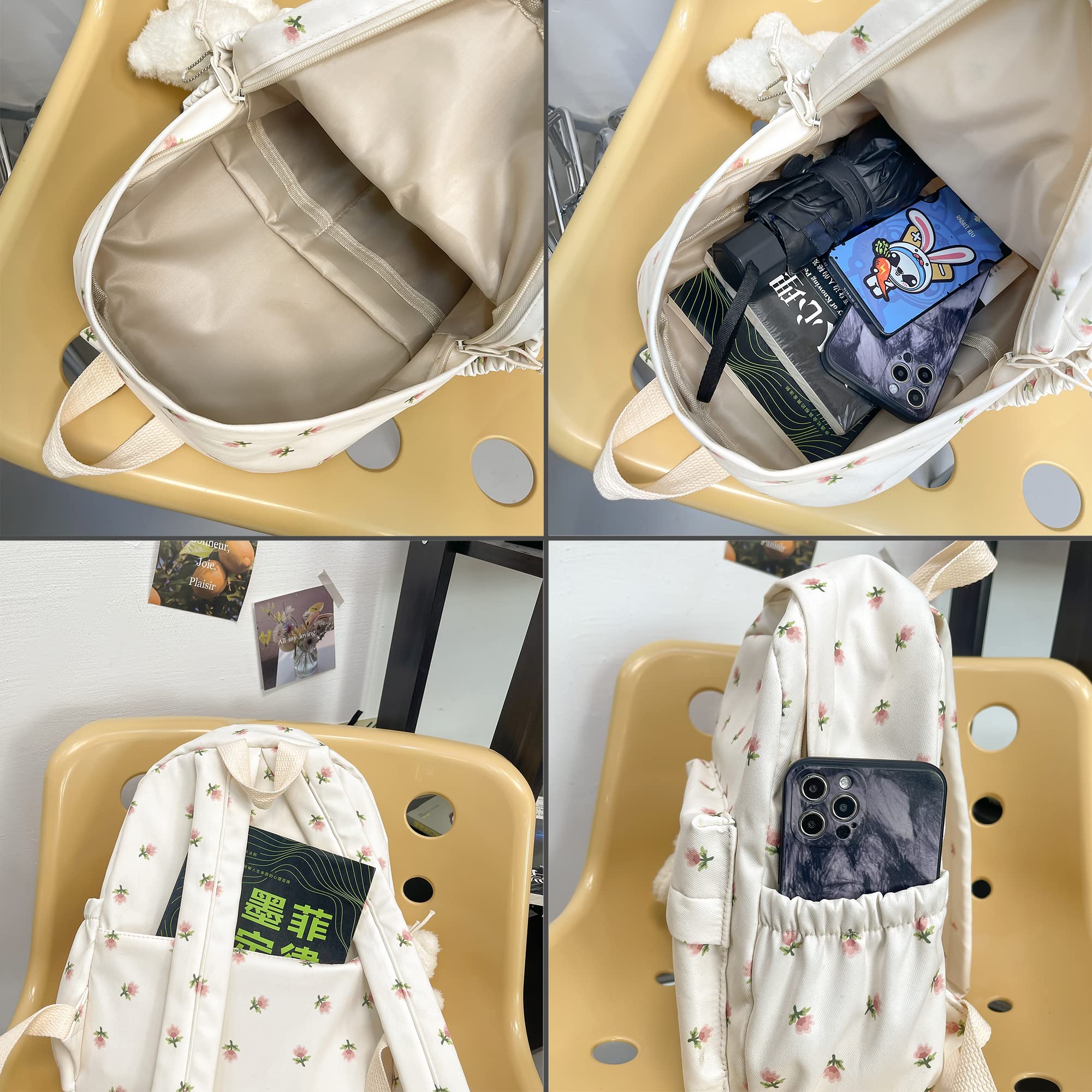 Kawaii Floral Backpack with Pendant - 12.2 Inch Cute Aesthetic Medium School Bag for Women & Teens (White) - Perfect for School, Travel & Everyday Use