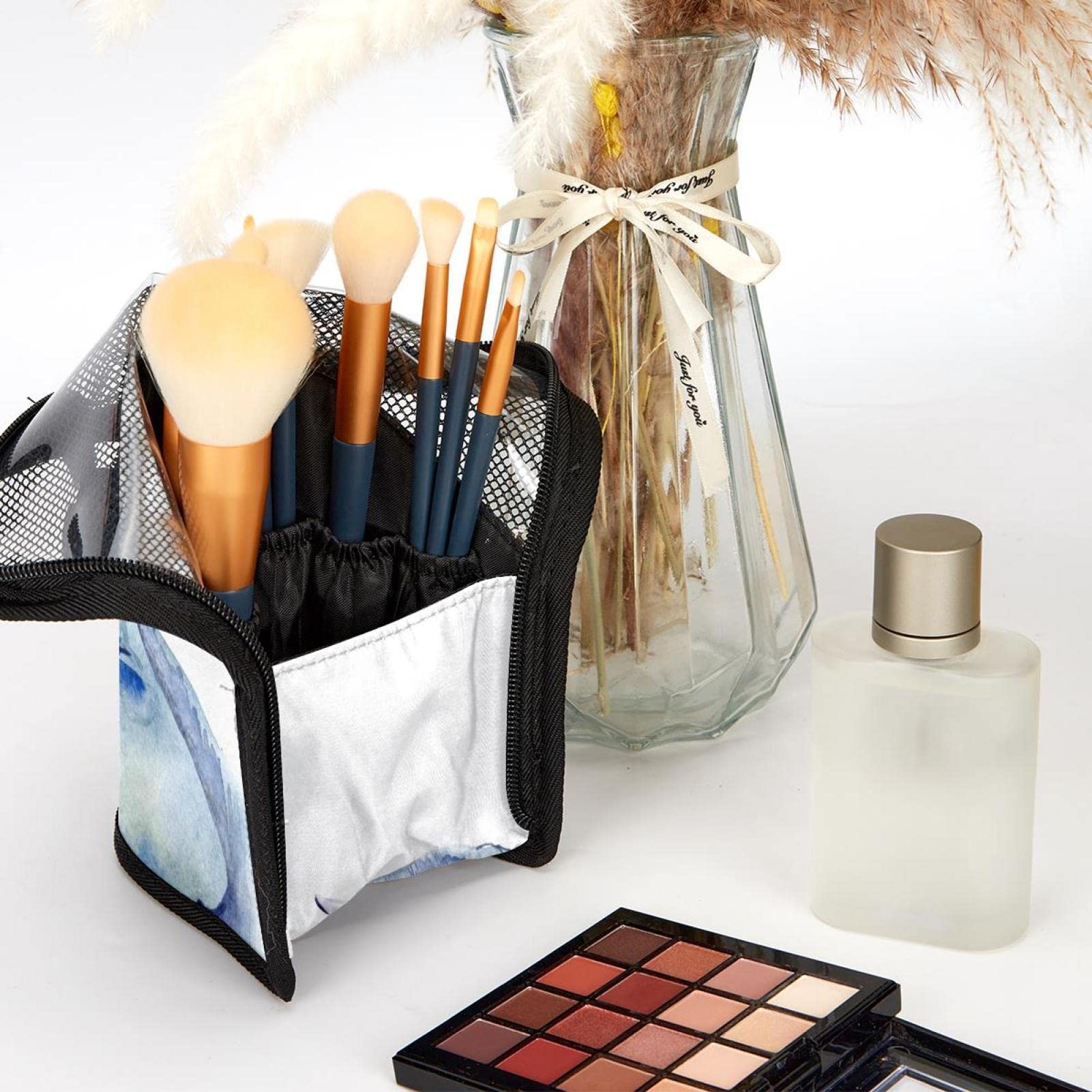 Portable Makeup Brush Organizer Bag with 12 Brushes - Elephant Love Design for Mom - Travel-Friendly Cosmetic Brush Holder Set - Perfect for Home, Travel & Professional Makeup Artists
