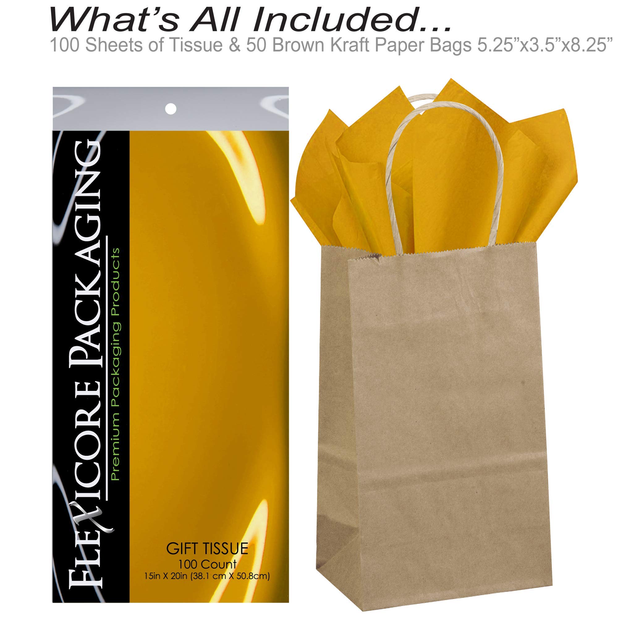 Flexicore Packaging® 50-Pack Natural Brown Kraft Paper Gift Bags with 100-Piece Antique Gold Tissue Paper Set - Perfect for Birthday, Wedding & Holiday Gift Wrapping