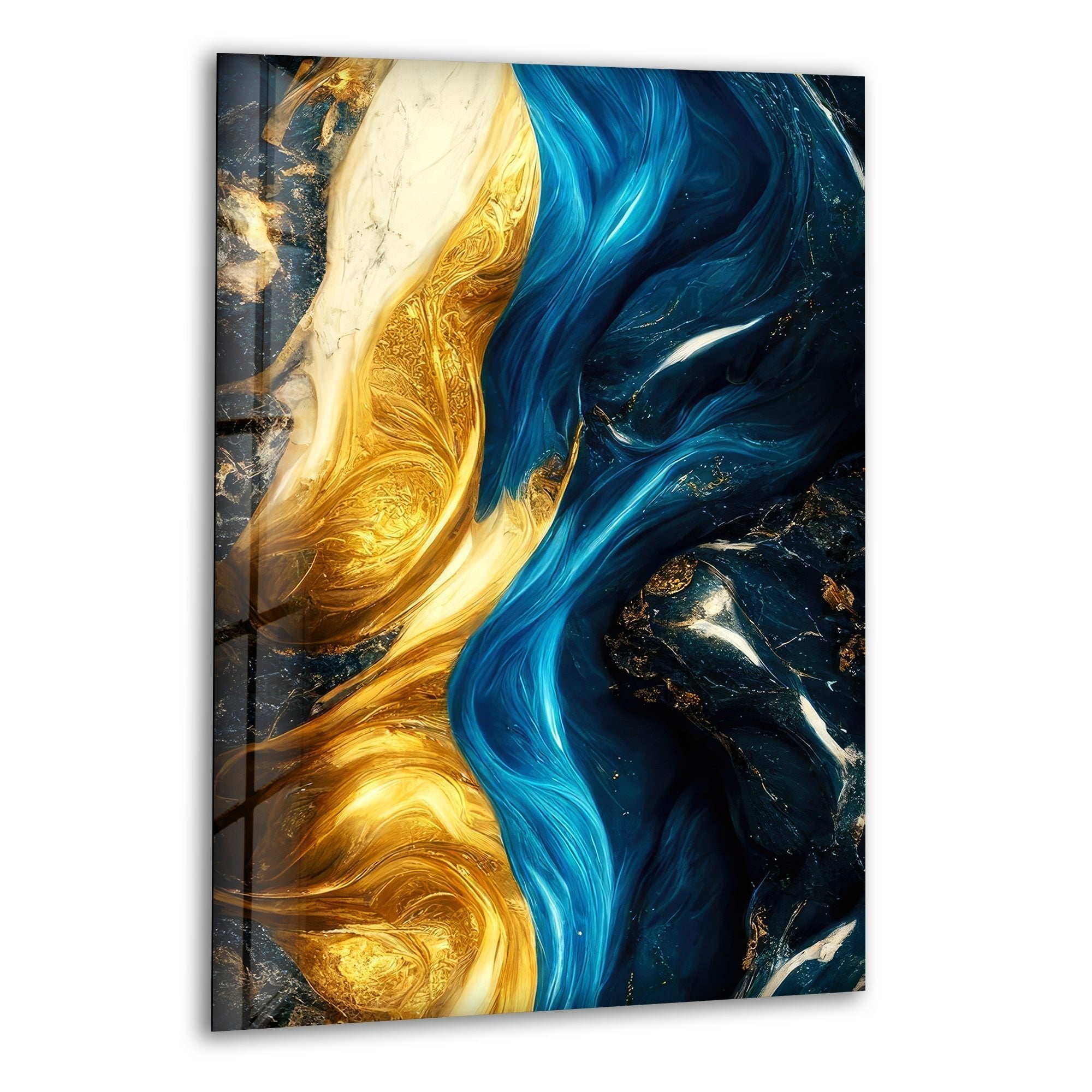 Abstract Marble Blue and Gold Glass Wall Art - Modern Home Decor for Living Room, Bedroom & Office - Elegant Handmade Glass Panel for Wall Display