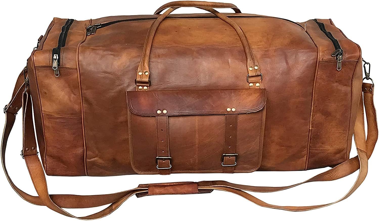 Premium 34 Inch Leather Duffle Bag for Men & Women - Handmade Large Carry On Luggage, Weekender Travel & Gym Sports Bag - Perfect for Airplane Travel, Overnight Trips & Workout Sessions