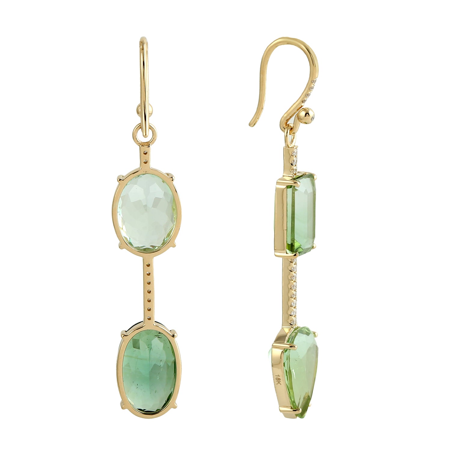 18K Yellow Gold Pave Diamond Mismatch Green Tourmaline Ear Hook Earrings for Women - Perfect for Weddings, Parties & Special Occasions