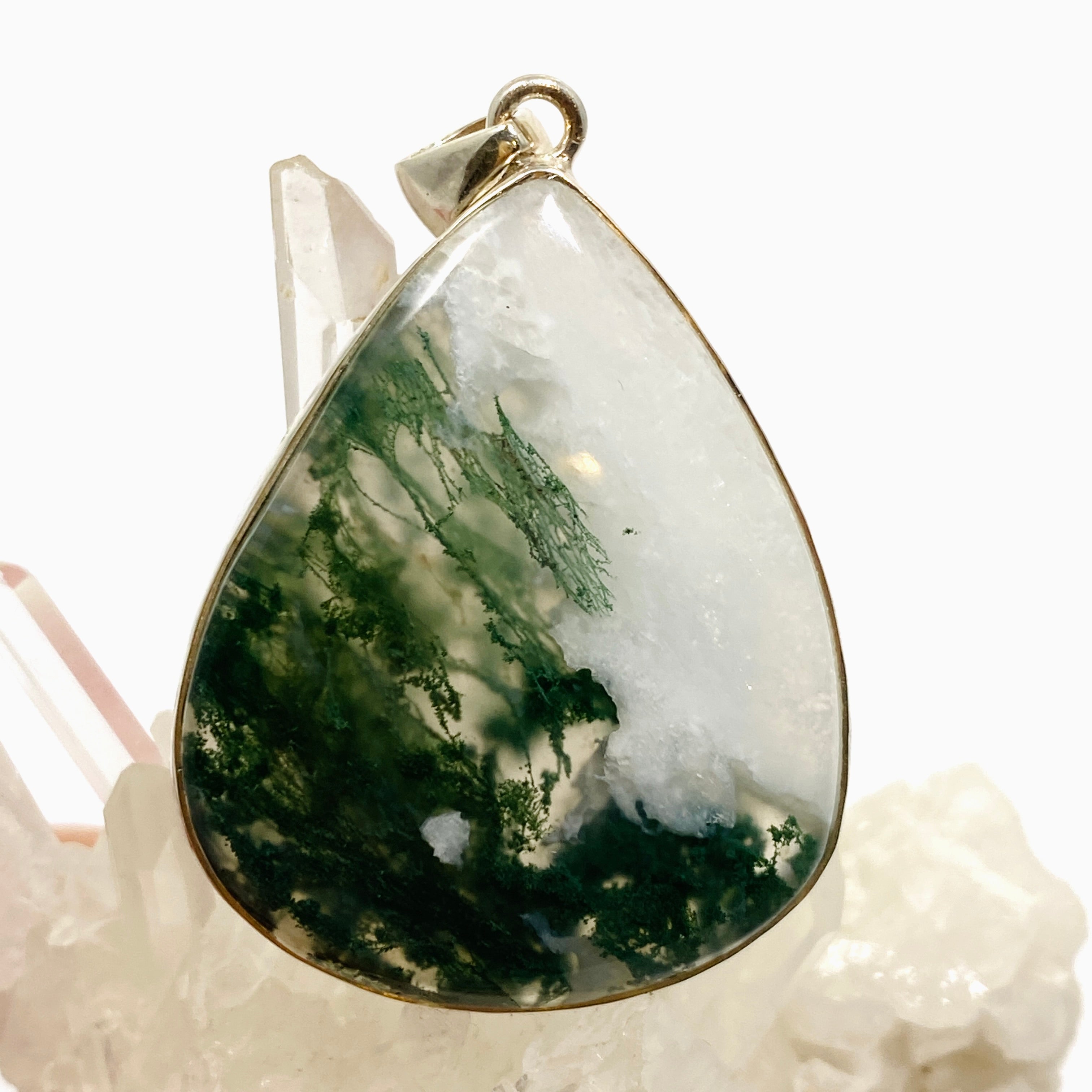 Natural Moss Agate Teardrop Cabochon Pendant in Handcrafted Hammered Sterling Silver Setting KPGJ4709 - Perfect for Boho Jewelry, Healing Crystal Necklaces & Spiritual Gifts
