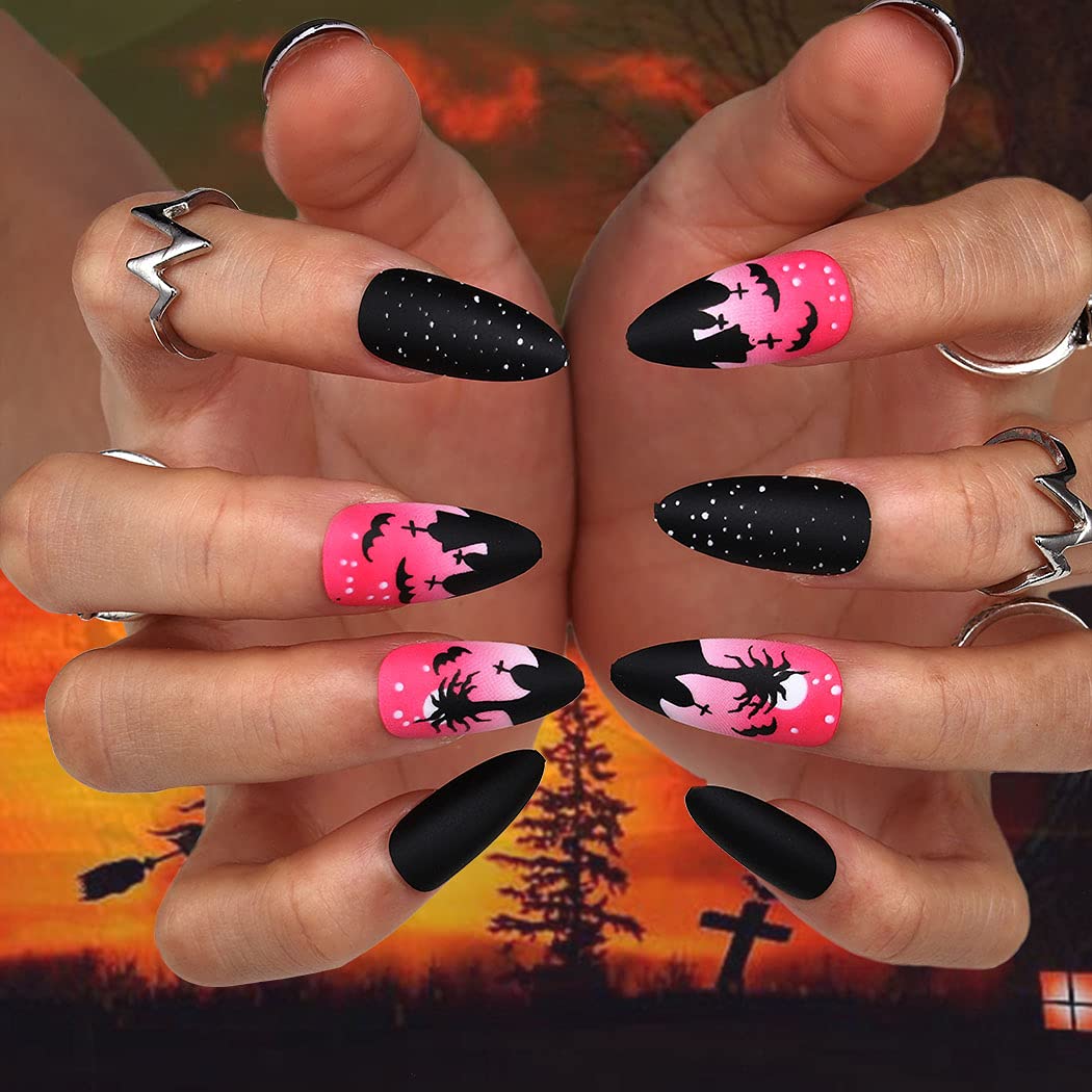 Gothic Almond Acrylic Fake Nails 24pcs - Matte Pink French Cross Design with Black Spots | Long Press on False Nails | Full Cover Stiletto Halloween Nails for Women & Girls (Pattern C) | Perfect for Costume Parties, Gothic Fashion & Special Occasions