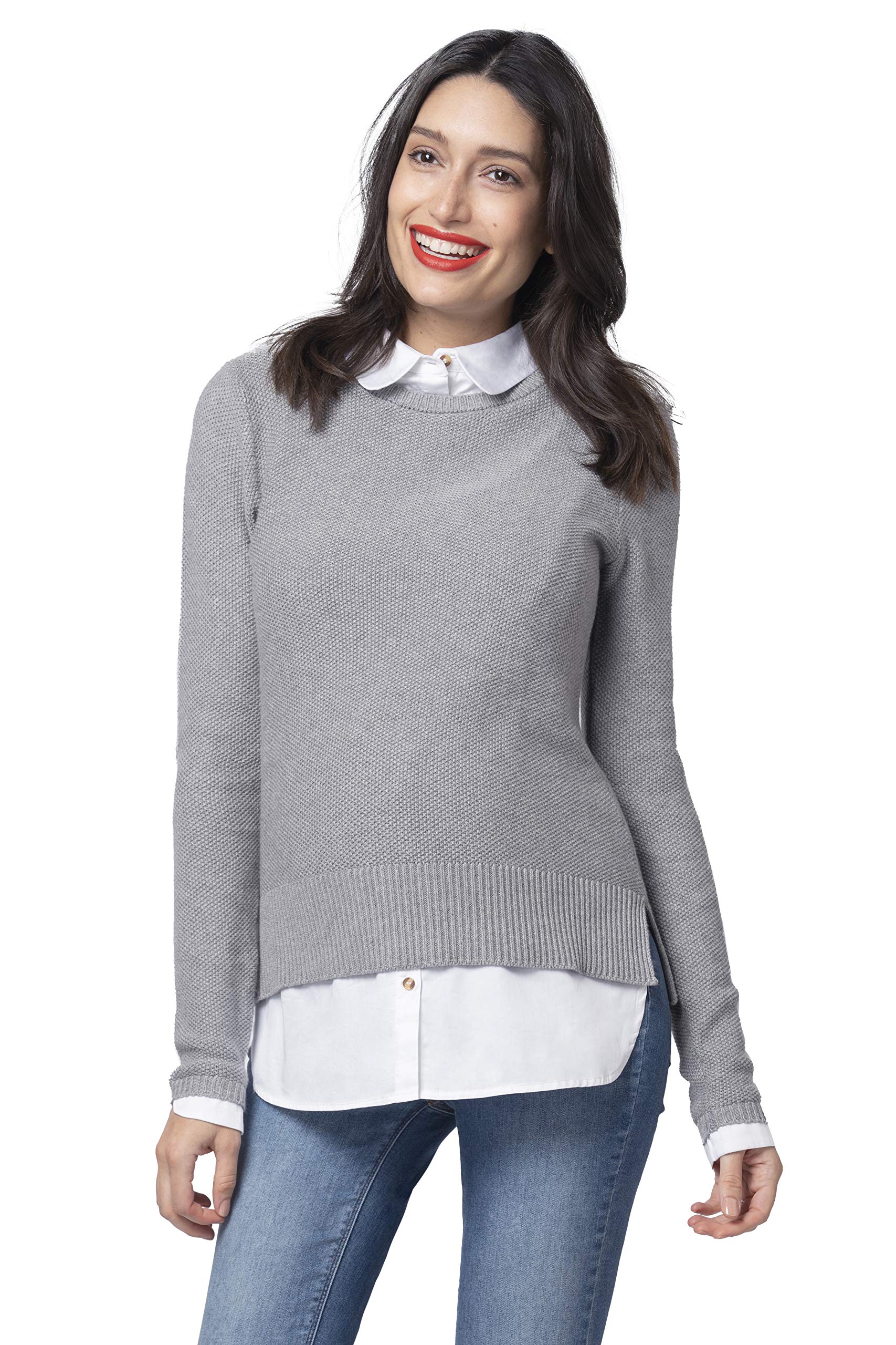 Seraphine Women's Maternity & Nursing Mock Shirt Jumper - Grey & White Striped Long Sleeve Top for Pregnancy & Breastfeeding | Perfect for Work, Casual Outfits & Nursing Comfort