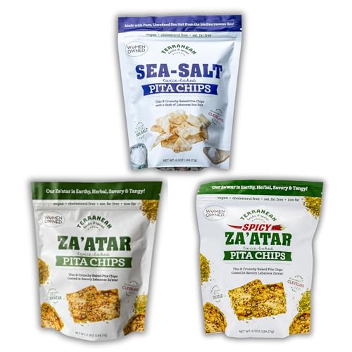 Terranean Herbs Pita Chips (3 Pack) - Homemade, Twice Baked, Thin & Crunchy Snack Chips - Original, Sea Salt & Spicy Flavors - Perfect for Parties, Picnics & Healthy Snacking