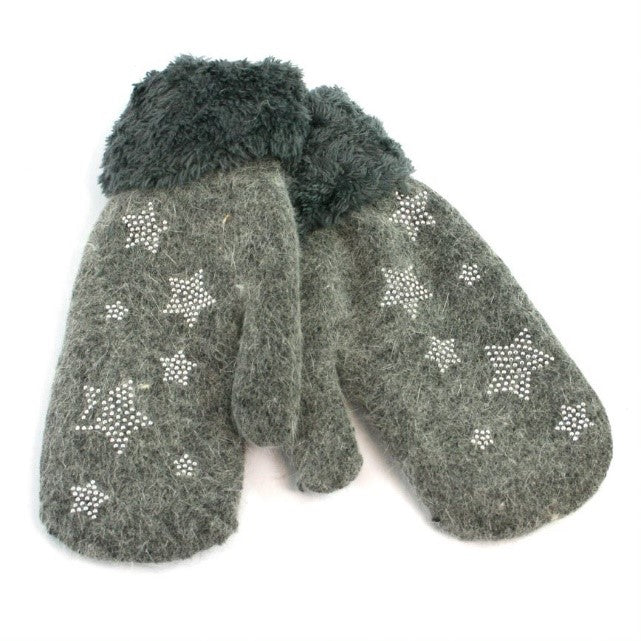 Little Stars Faux Fur Mittens for Women - Soft Warm Winter Gloves, Grey - Perfect for Cold Weather, Snow Activities, and Outdoor Adventures