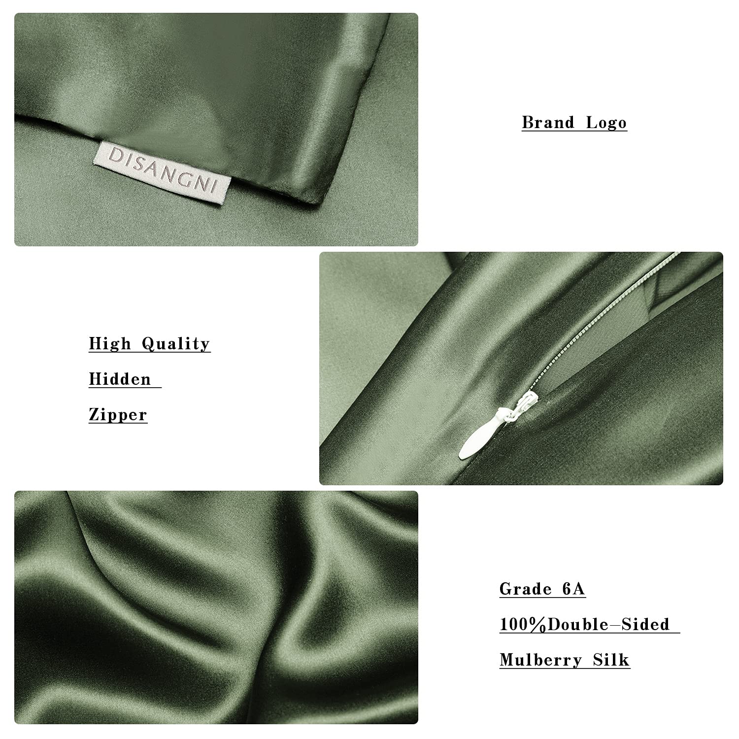 DISANGNI 100% Pure Mulberry Silk Pillowcase Set of 2 - 22 Momme Grade A Silk with Hidden Zipper for Hair & Skin Care - Standard Size 20x26 Inches (Green) - Perfect for Beauty Sleep & Reducing Bedhead