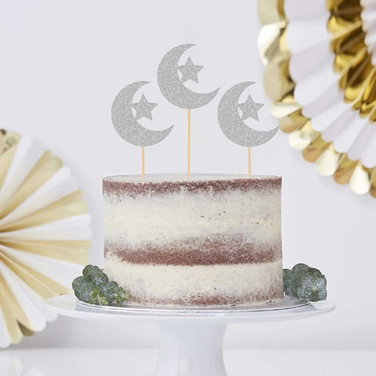 24pcs Silver Moon Star Cupcake Toppers - Glitter Eid Mubarak Cake Decorations, Food Picks for Wedding, Birthday, Baby Shower, Ramadan Kareem Party Supplies - Perfect for Festive Celebrations & Dessert Displays