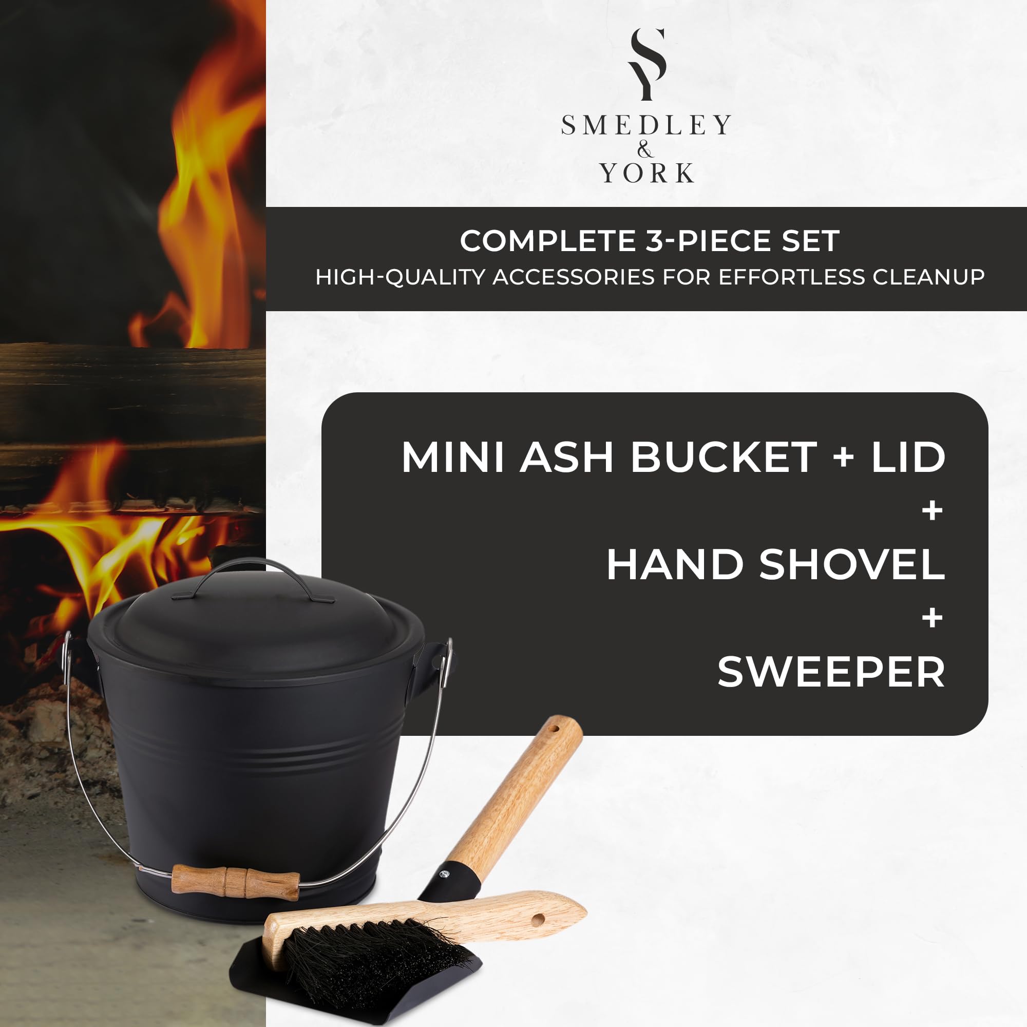 Galvanized Iron Ash Bucket with Lid - 1.5 Gallon Fireplace Coal & Charcoal Metal Pail - Includes Shovel, Broom & Tools - Perfect for Fireplace Cleaning, BBQ Ash Removal & Outdoor Camping Use